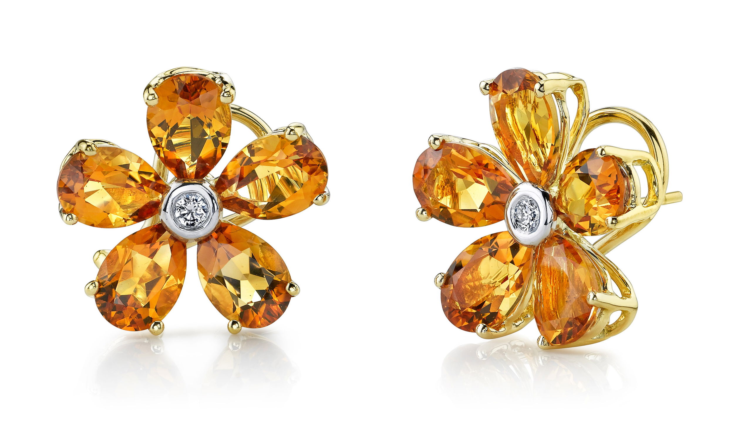Five Petal Citrine Flower Earrings with Diamond Centers in 18kt Yellow Gold