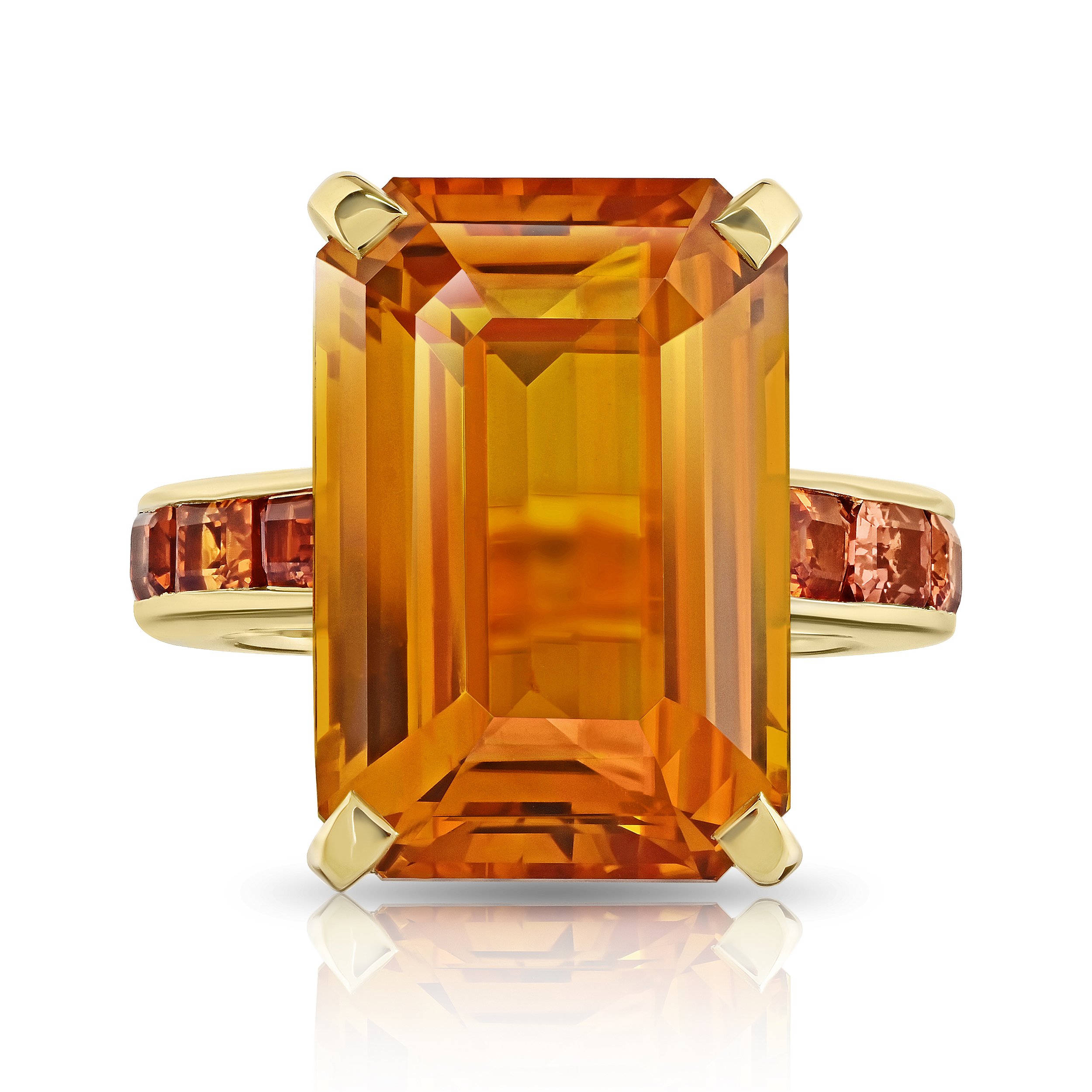 21.05ct Emerald Cut Orange Sapphire with Emerald Cut Sapphire Band in 18kt Yellow Gold