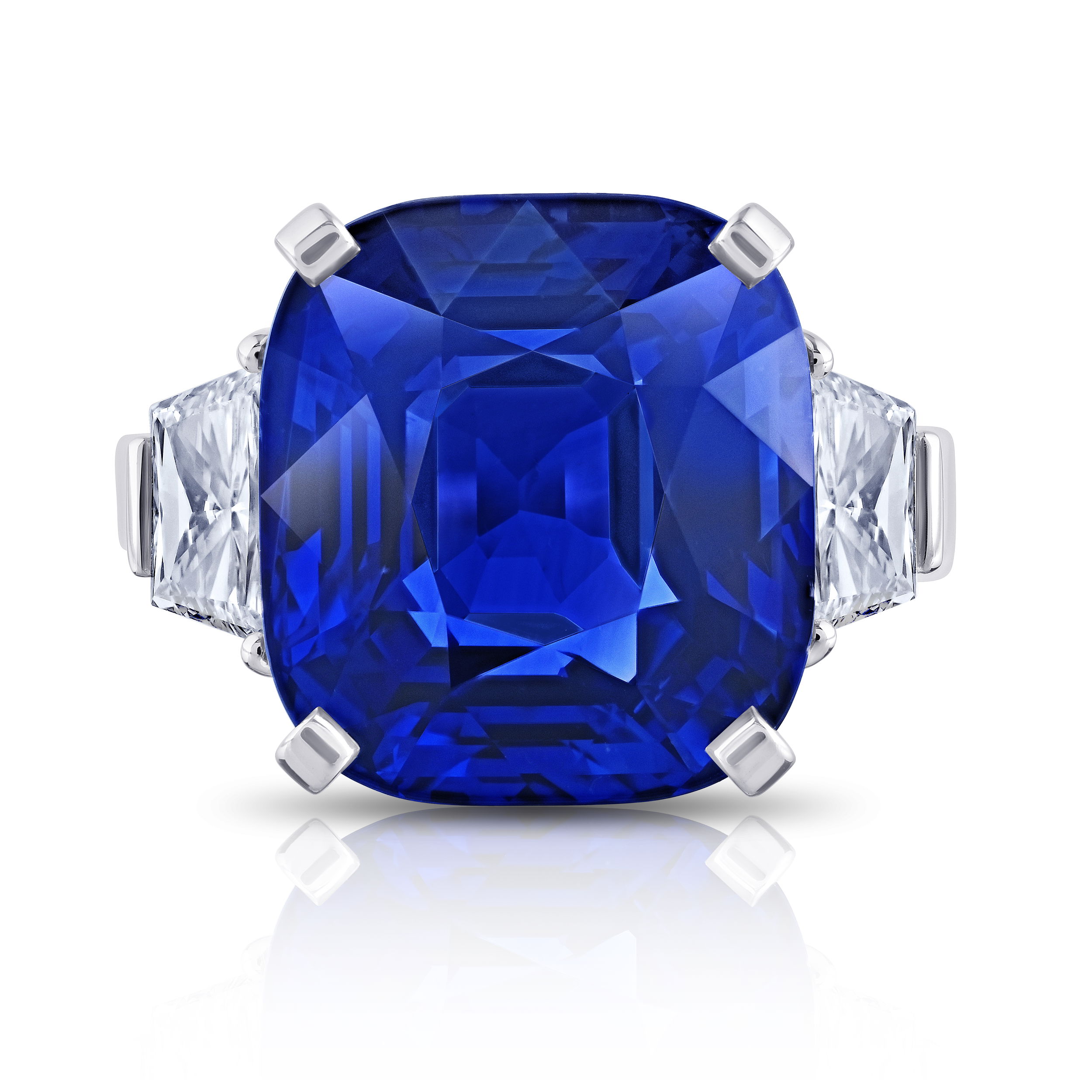 20.26ct Cushion Blue Sapphire (H) with Trapezoid Diamonds set in Platinum