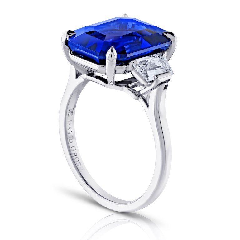 10.05 carat Emerald Cut Blue Sapphire with two Trapezoid Diamonds 0.86 Carats set ring