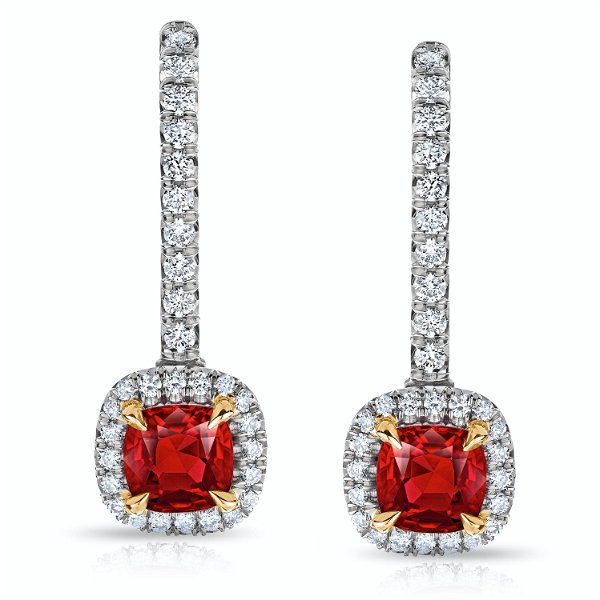 Closeup photo of Ruby and Diamond Halo Earrings in Platinum with Lever Backs