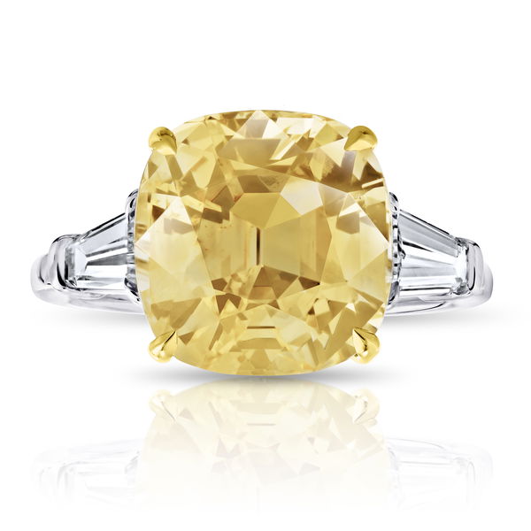 Closeup photo of 7.54ct Cushion Yellow Sapphire (NH) with Pear Diamonds in Platinum Setting