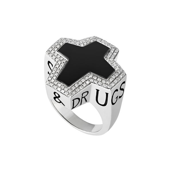 Closeup photo of Thorn Sex Drugs & Rock "N" Roll Ring with Black Onyx and White Diamonds in Sterling Silver - Size 10