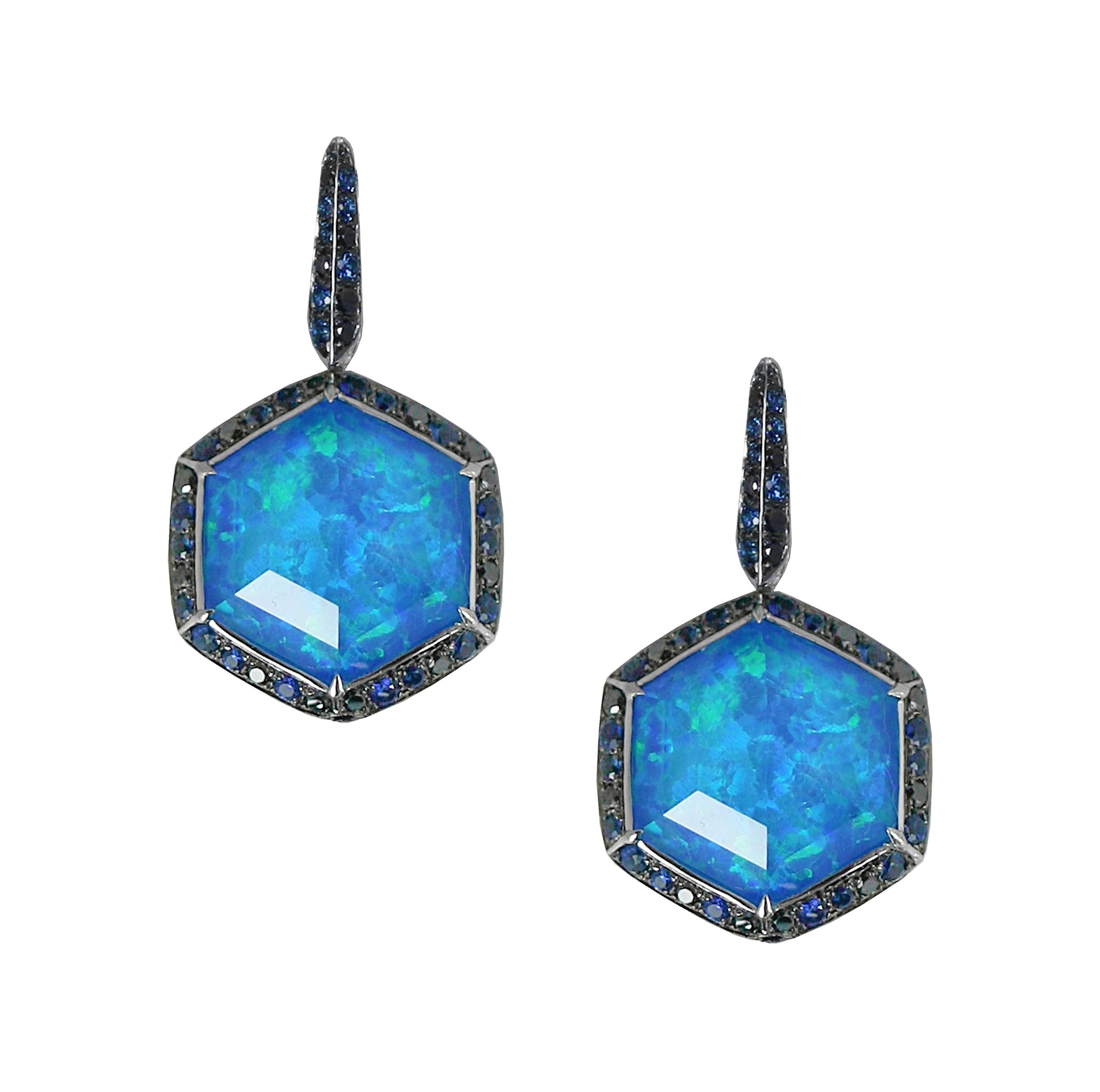No Regrets Deco Haze CH2 Drop Earrings with Black Opalescent in 18kt White Gold by Stephen Webster. Dangle drop earrings in 18kt white gold with black opalescent and quartz Crystal Haze at 8.86ctw accented with pave blue sapphires at 0.55ctw and pave black diamonds at 0.36ctw. No Regrets Deco Haze CH2 Drop Earrings with Black Opalescent in 18kt White Gold