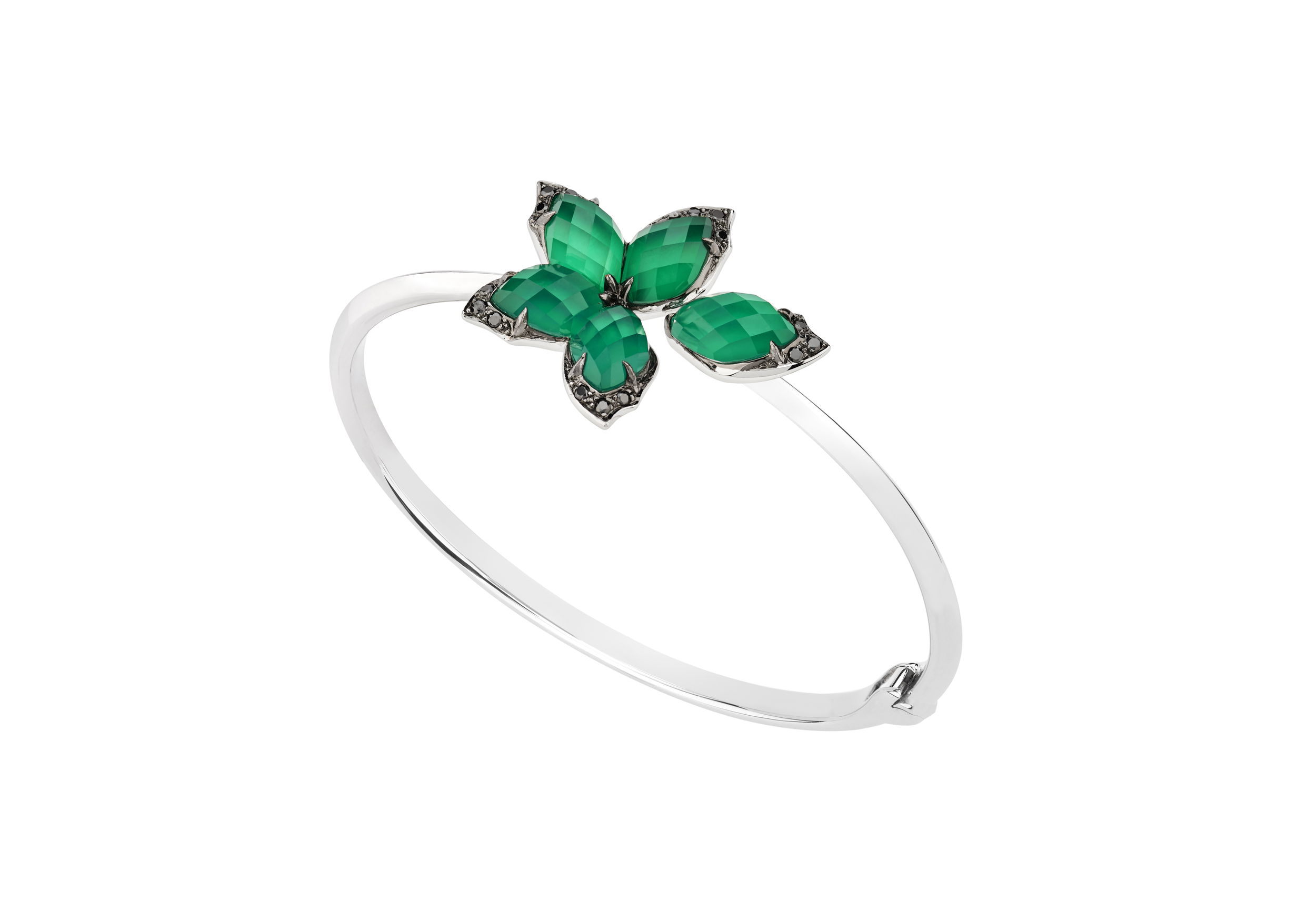 Love Me Love Me Not CH2 Chance Bracelet with Green Agate in 18kt White Gold by Stephen Webster. Hinged bangle bracelet in 18kt white gold with green agate under quartz Crystal Haze at 9.04ctw and black diamond pave at 0.15ctw. Love Me Love Me Not CH2 Chance Bracelet with Green Agate in 18kt White Gold