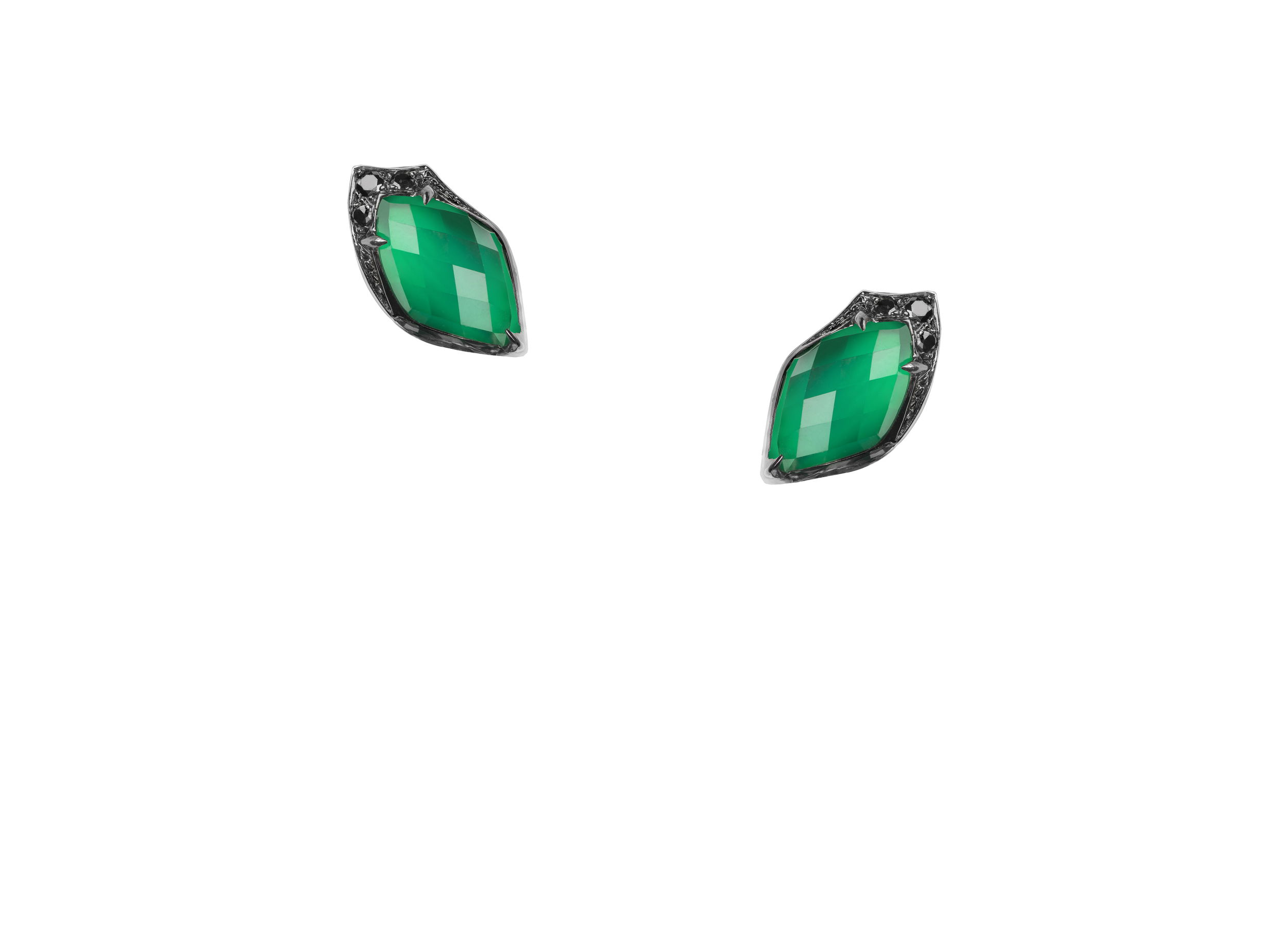 Love Me Love Me Not CH2 Chance Single Petal Stud Earrings with Green Agate in 18kt White Gold by Stephen Webster. Stud earrings in 18kt white gold set with green agate under quartz Crystal Haze at 3.9ctw and accented with 0.05ctw of black diamond pave. Love Me Love Me Not CH2 Chance Single Petal Stud Earrings with Green Agate in 18kt White Gold