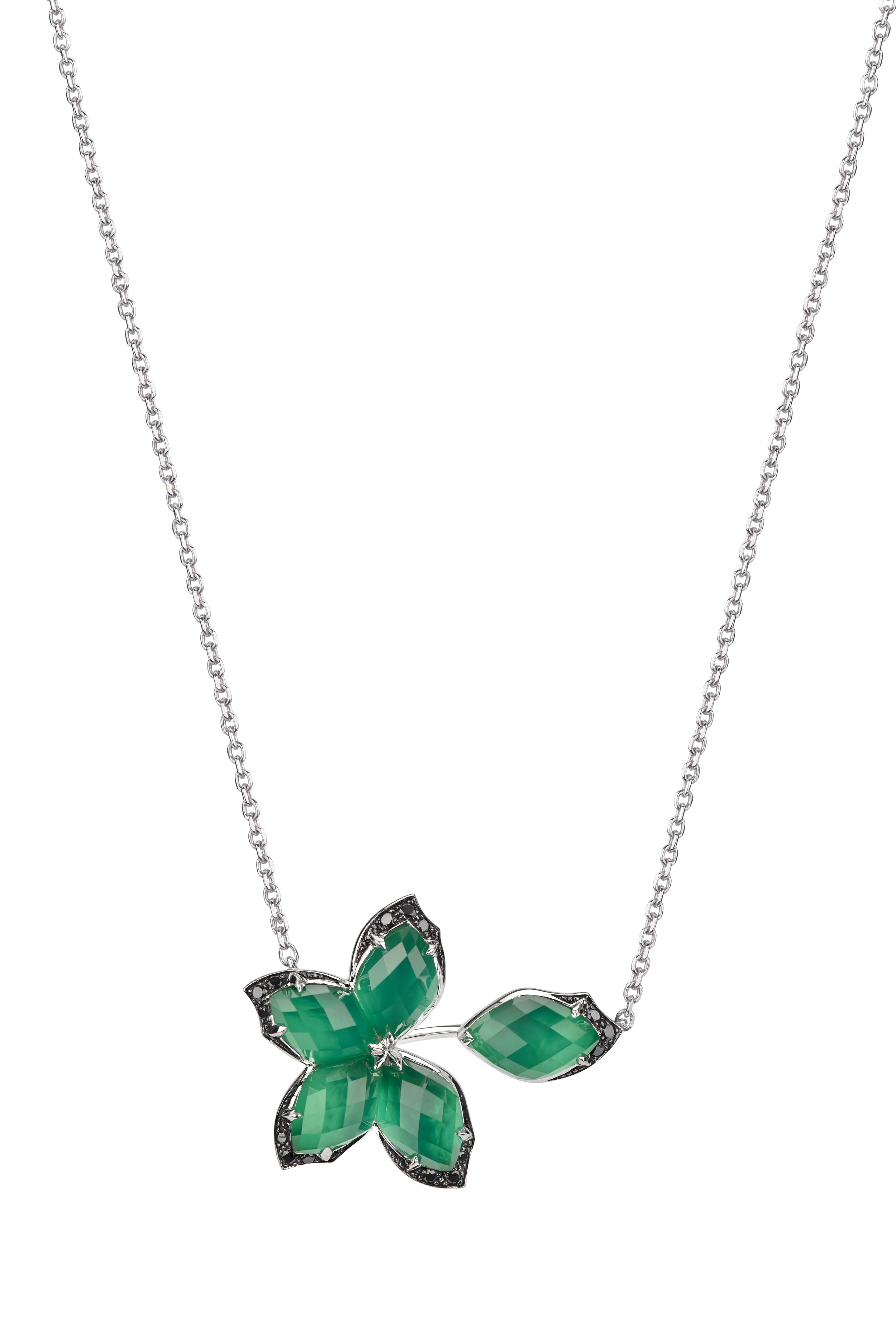 Love Me Love Me Not CH2 Chance Pendant Necklace with Green Agate in 18kt White Gold by Stephen Webster. Flower pendant in 18kt white gold with green agate under quartz Crystal Haze at 8.81ctw and black diamond pave at 0.15ctw. Love Me Love Me Not CH2 Chance Pendant Necklace with Green Agate in 18kt White Gold