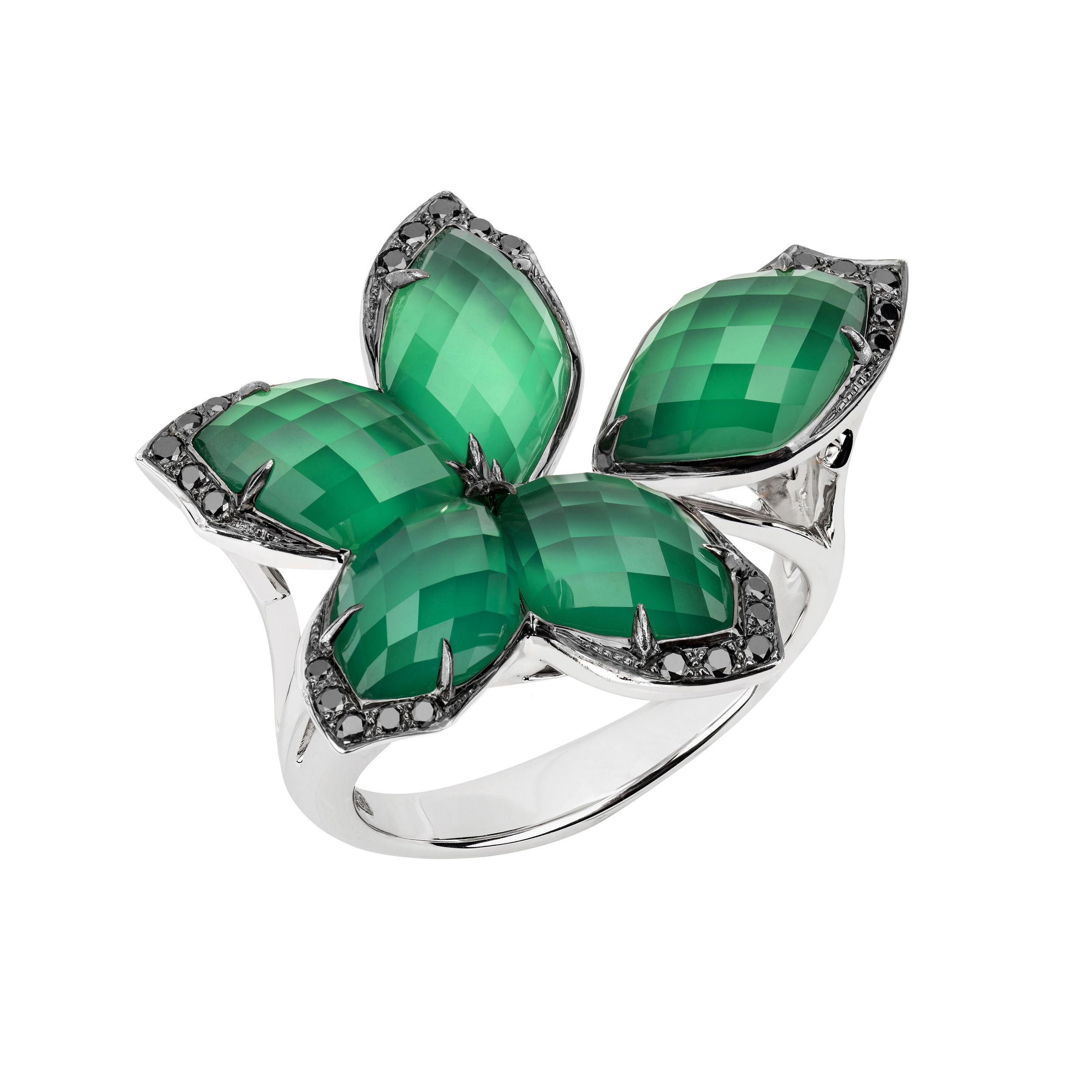 Love Me Love Me Not CH2 Large Chance Ring with Green Agate in 18kt White Gold - Size 7 by Stephen Webster. Larger flower ring in 18kt white gold with green agate under quartz Crystal Haze at 20.32ctw and black diamond pave at 0.30ctw. Love Me Love Me Not CH2 Large Chance Ring with Green Agate in 18kt White Gold - Size 7