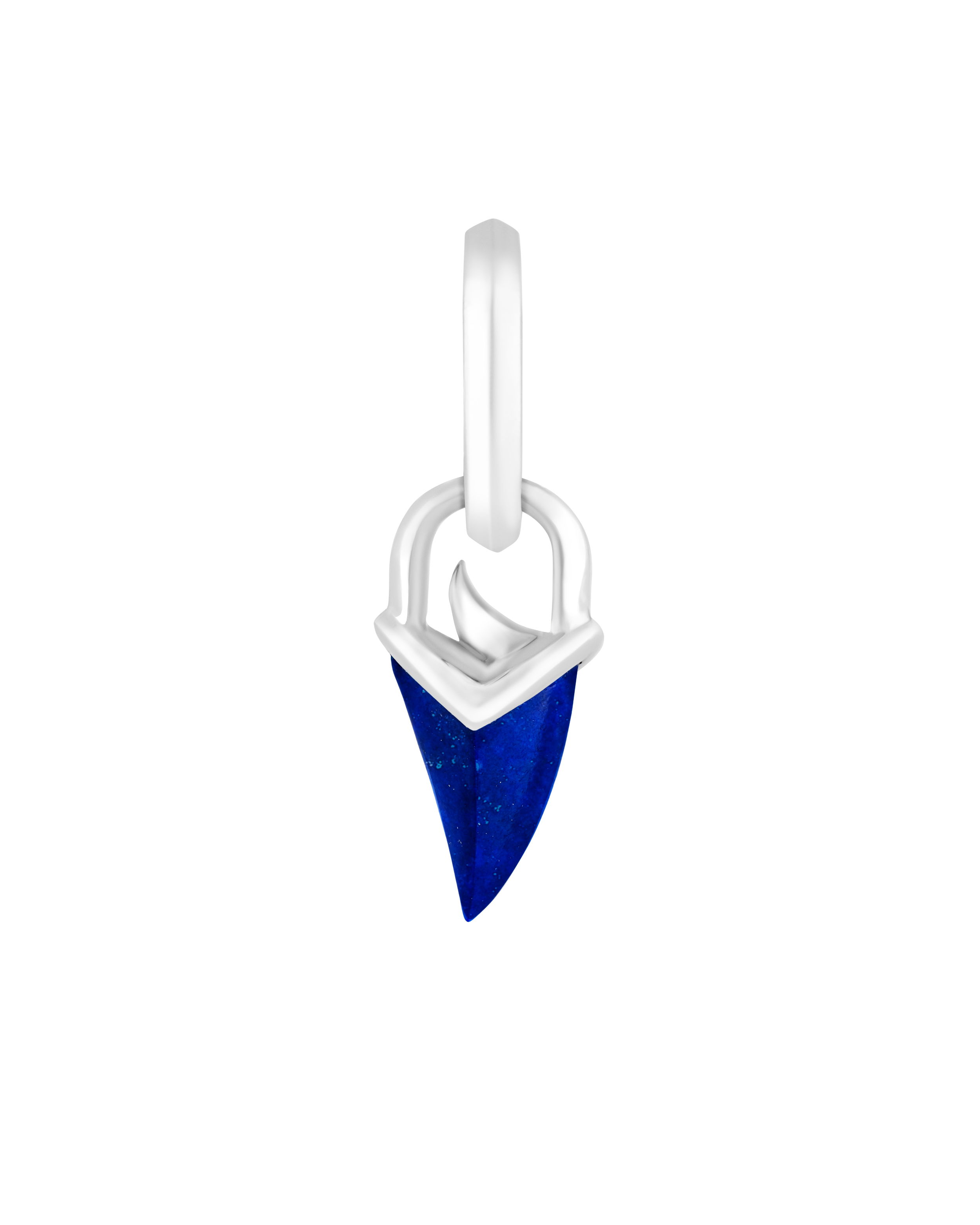 Thorn Addiction Unithorn Earring Charm with Lapis in Sterling Silver by Stephen Webster. 'Thorn Addiction' pays homage to our long affair with the Thorn motif, giving it center stage. Inspired by tattoo art Stephen was exploring whilst on holiday in Brazil in 1999; this reimagined collection injects a vibrant new color palette with natural stones. The Sterling Silver Unithorn Charm with a singular thorn of Lapis. Pair with the Thorn Sleeper, sold separately, to create the full look. Thorn Addiction Unithorn Earring Charm with Lapis in Sterling Silver