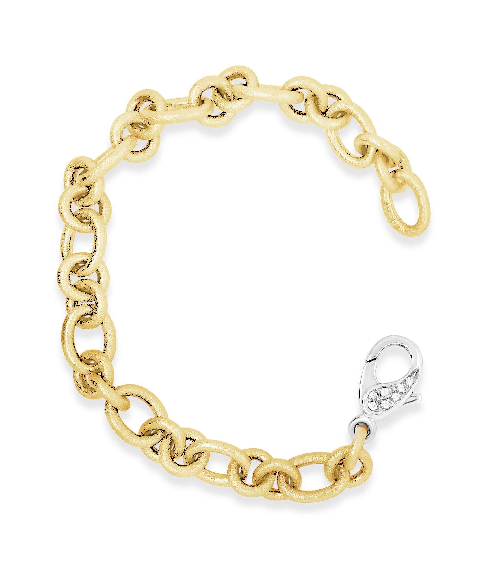 Handmade Cable Link Bracelet with Aspen Finish and Large Diamond Clasp in 18kt Yellow Gold