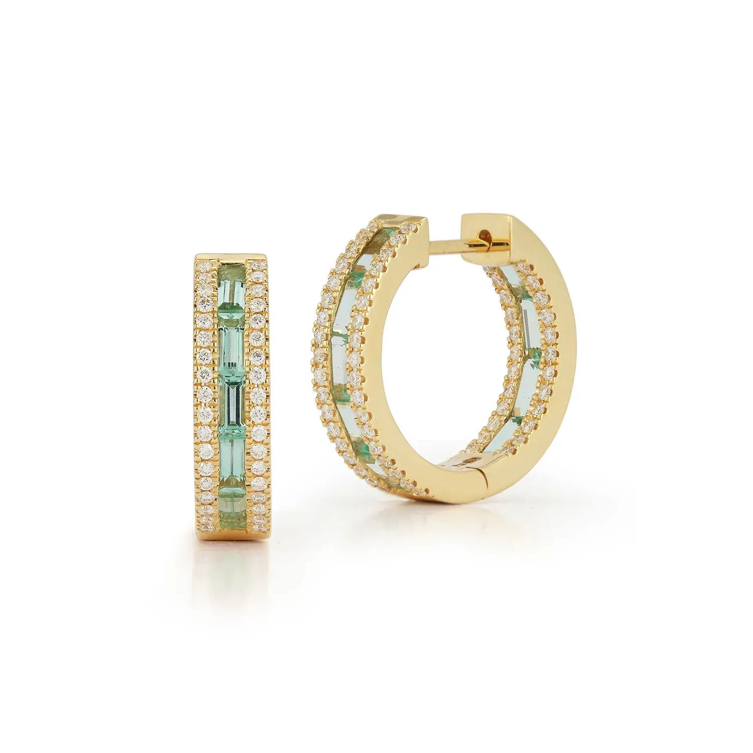 Origami Mini Huggie Hoop Earrings with Green Beryl and White Diamonds in 18kt Yellow Gold by Katherine Jetter. Custom cut green beryl at 1.89ctw and white diamonds at 0.6ctw set in 18kt yellow gold. Origami Mini Huggie Hoop Earrings with Green Beryl and White Diamonds in 18kt Yellow Gold