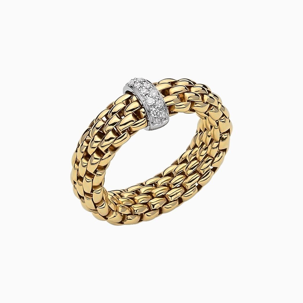 Vendome Ring in 18kt Yellow Gold with 1 White Gold Bar with Pave White Diamonds - XL