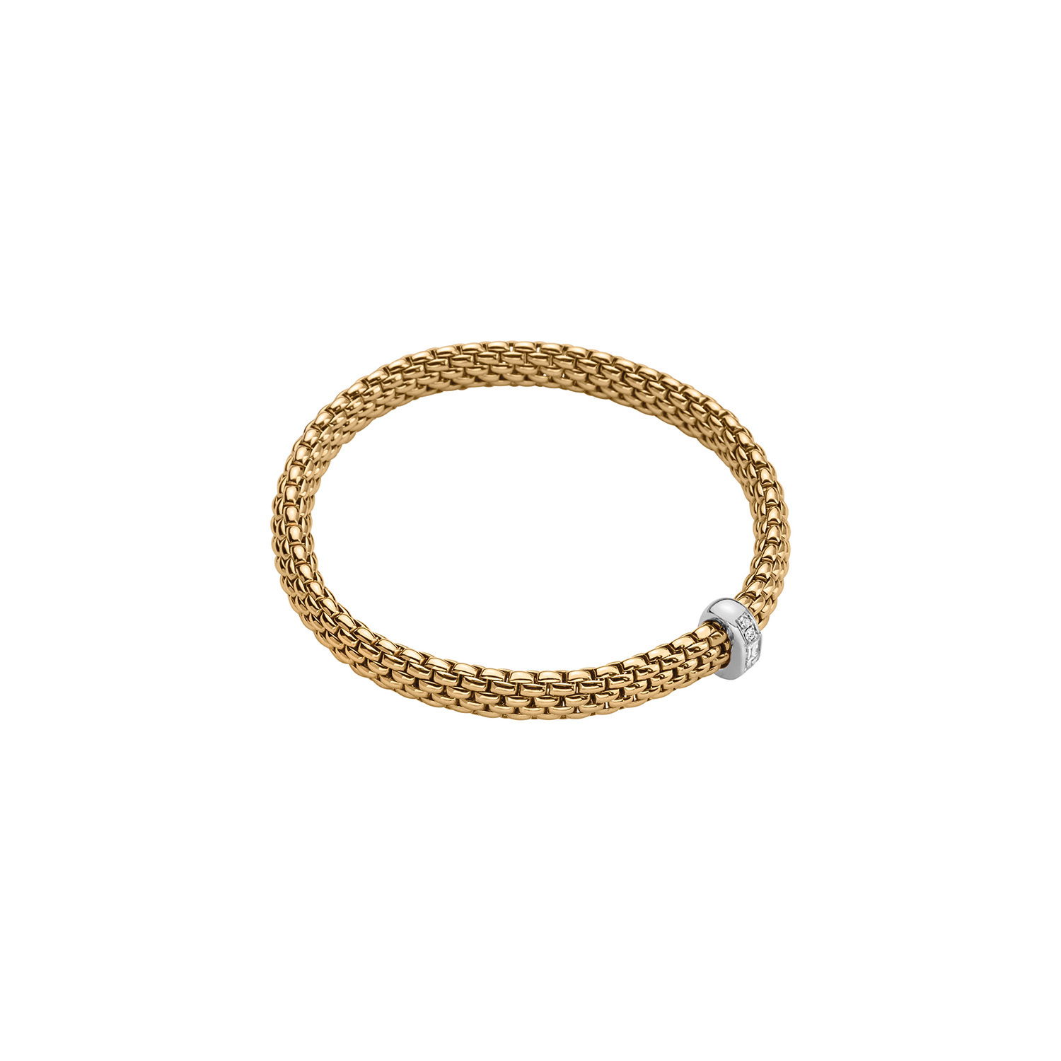 Vendome Flex'It Bracelet in 18kt Yellow Gold with one White Gold and White Mixed Cut Diamond Element - Four Brilliant Round Cuts and one Baguette Cut at 0.24ctw - The bracelet measures 6.9mm wide by 4.3mm deep and is a size medium, 17cm or 6.69 inches internal circumference. 583B BBRM-YW Vendome Bracelet in 18kt Yellow Gold with 1 White Gold and Brilliant and Baguette Cut White Diamond Element - 6.9mm - Size M