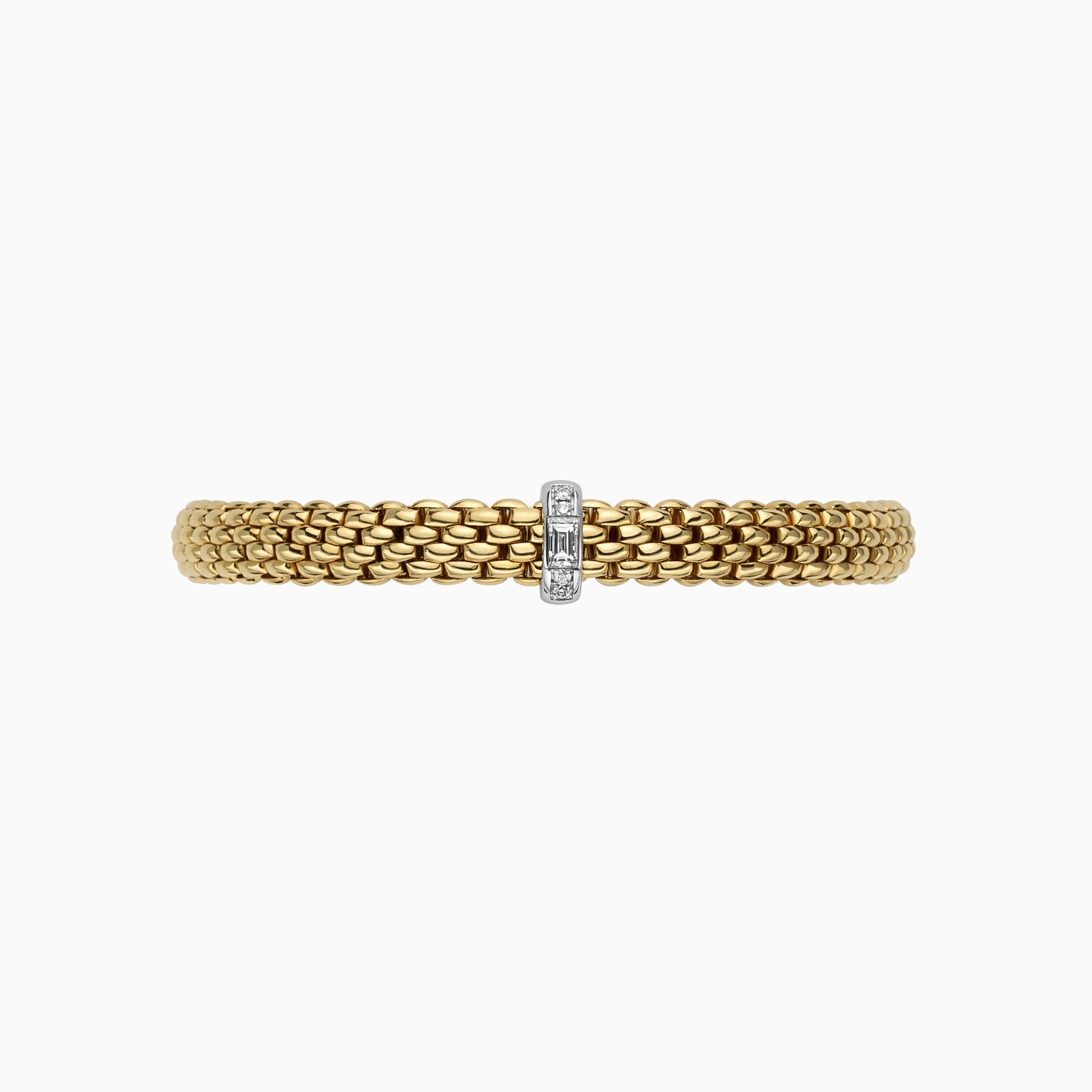Vendome Flex'It Bracelet in 18kt Yellow Gold with one White Gold and White Mixed Cut Diamond Element - Four Brilliant Round Cuts and one Baguette Cut at 0.24ctw - The bracelet measures 6.9mm wide by 4.3mm deep and is a size large, 18cm or 7.08 inches internal circumference. 583B BBRL-YW Vendome Bracelet in 18kt Yellow Gold with 1 White Gold and Brilliant and Baguette Cut White Diamond Element - 6.9mm - Size L