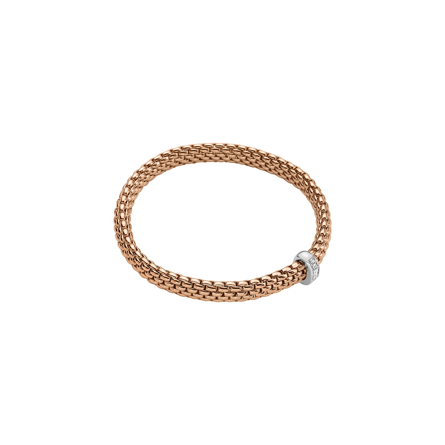 Vendome Flex'It Bracelet in 18kt Rose Gold with one White Gold and White Mixed Cut Diamond Element - Four Brilliant Round Cuts and one Baguette Cut at 0.24ctw - The bracelet measures 6.9mm wide by 4.3mm deep and is a size small, 16cm or 6.29 inches internal circumference. 583B BBRS-RW Vendome Bracelet in 18kt Rose Gold with 1 White Gold and Brilliant and Baguette Cut White Diamond Element - 6.9mm - Size S