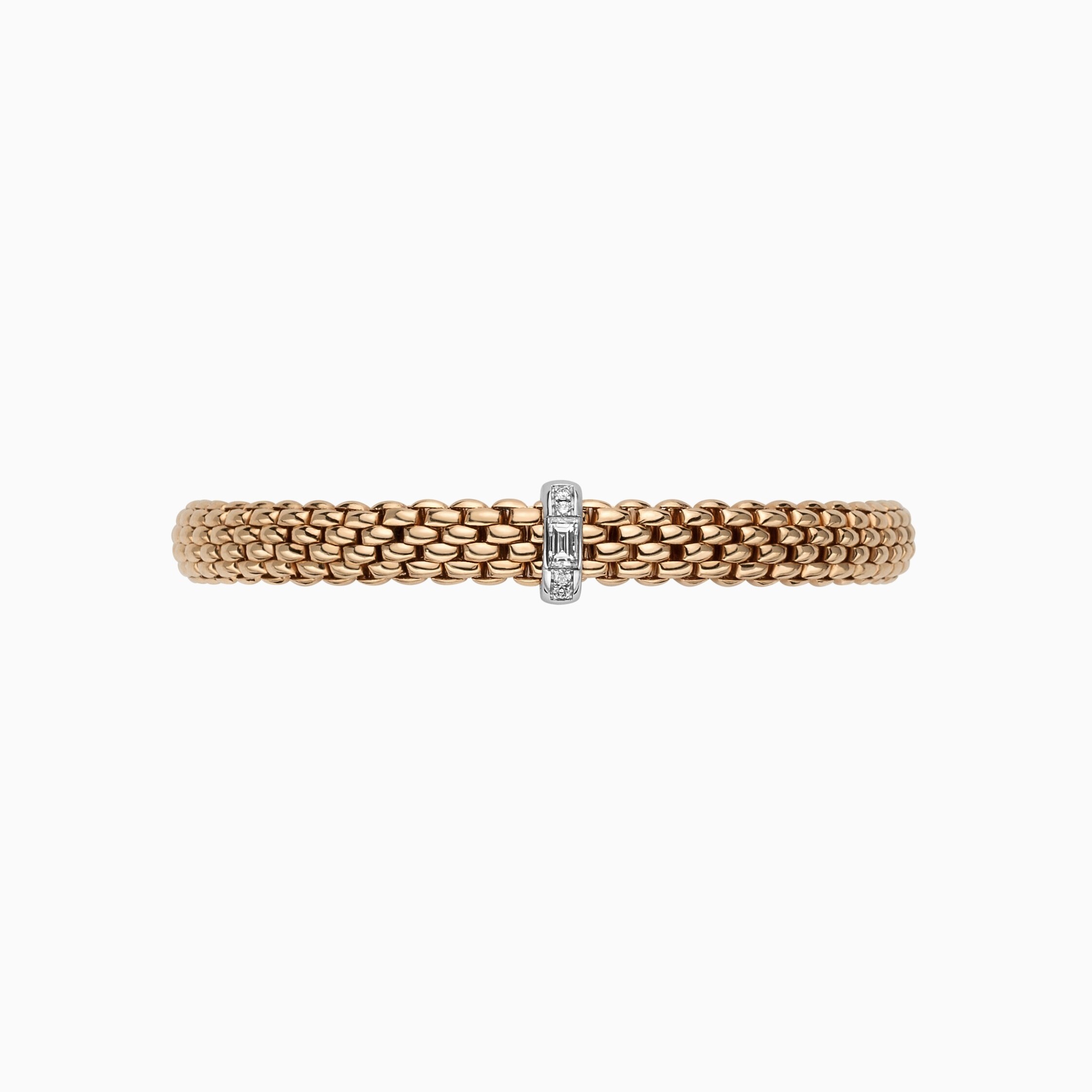 Vendome Flex'It Bracelet in 18kt Rose Gold with one White Gold and White Mixed Cut Diamond Element - Four Brilliant Round Cuts and one Baguette Cut at 0.24ctw - The bracelet measures 6.9mm wide by 4.3mm deep and is a size medium, 17cm or 6.69 inches internal circumference. 583B BBRM-RW Vendome Bracelet in 18kt Rose Gold with 1 White Gold and Brilliant and Baguette Cut White Diamond Element - 6.9mm - Size M