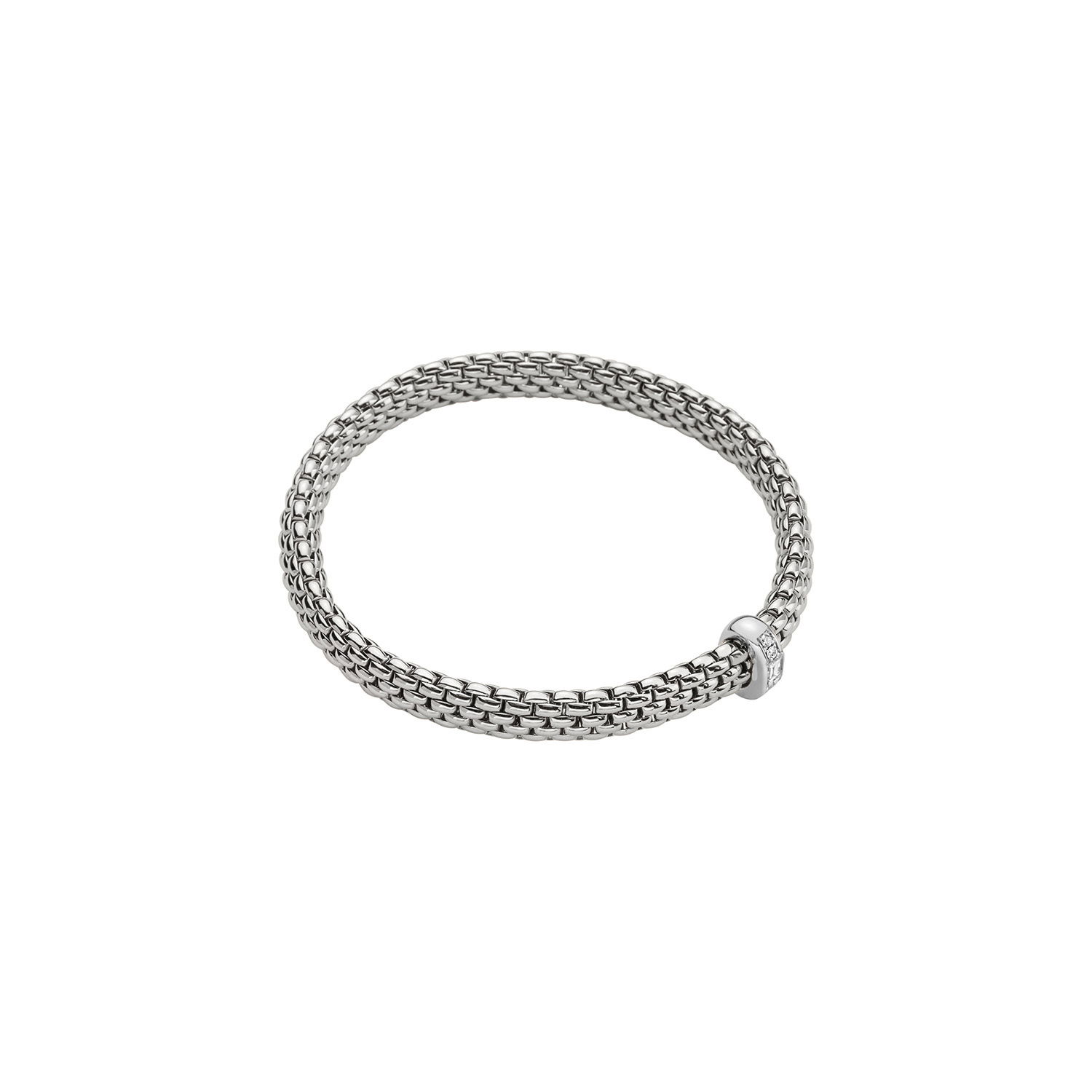 Vendome Flex'It Bracelet in 18kt White Gold with one White Gold and White Mixed Cut Diamond Element - Four Brilliant Round Cuts and one Baguette Cut at 0.24ctw - The bracelet measures 6.9mm wide by 4.3mm deep and is a size extra small, 15cm or 5.90 inches internal circumference. 583B BBRXS-W Vendome Bracelet in 18kt White Gold with 1 White Gold and Brilliant and Baguette Cut White Diamond Element - 6.9mm - Size XS