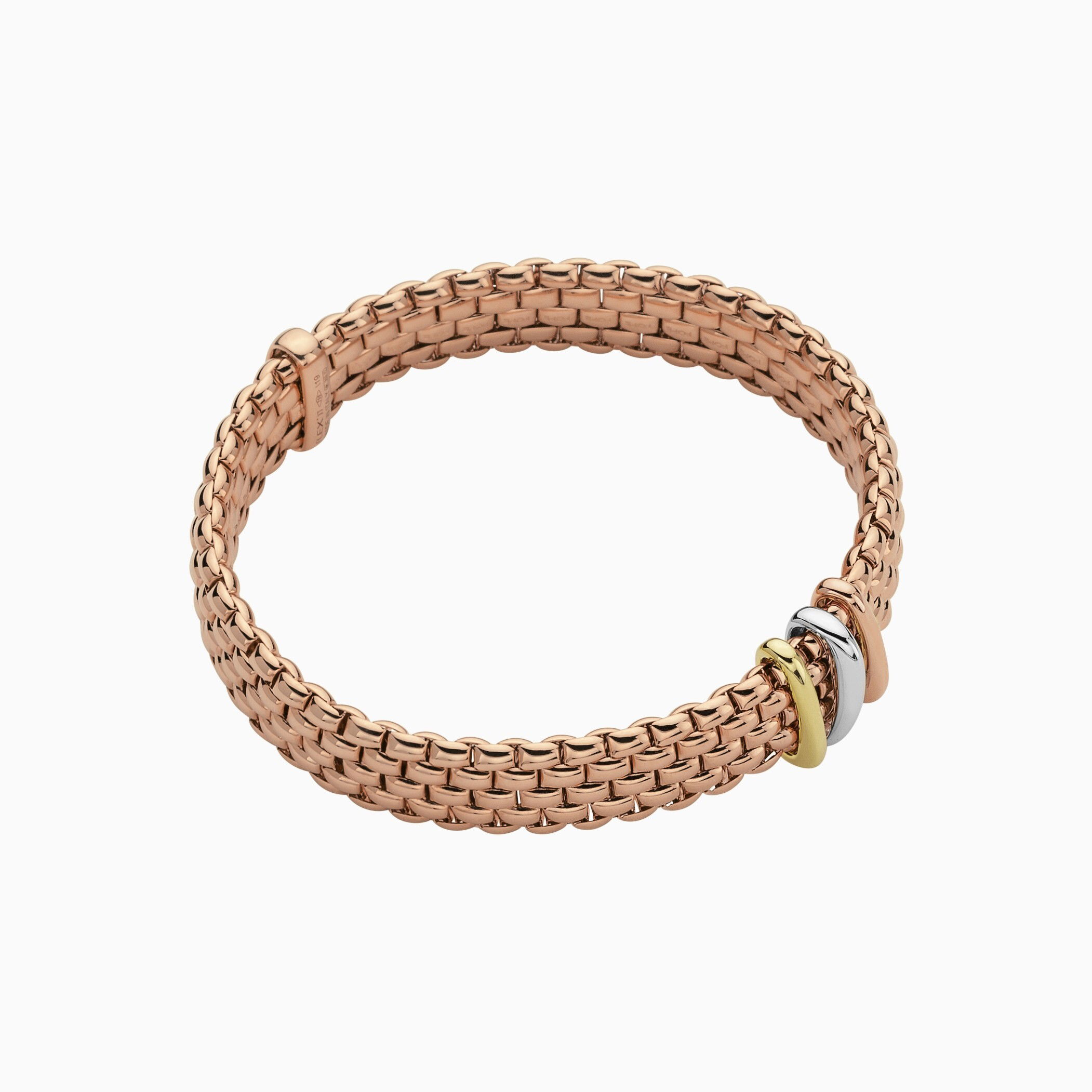 Panorama Flex'It Bracelet in 18kt Rose Gold with three plain yellow gold, white gold and rose gold elements - The bracelet measures 9mm wide by 3.5mm deep and is a size extra large, 19cm or 7.48 inches internal circumference. 587BXL-R Panorama Bracelet in 18kt Rose Gold with 3 Elements in Plain White, Yellow and Rose Gold - 9mm - Size XL