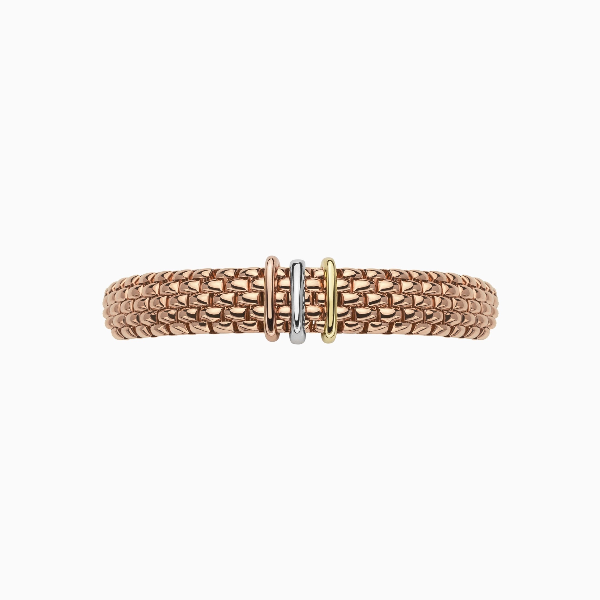 Panorama Flex'It Bracelet in 18kt Rose Gold with three plain yellow gold, white gold and rose gold elements - The bracelet measures 9mm wide by 3.5mm deep and is a size medium, 17cm or 6.69 inches internal circumference. 587BM-R Panorama Bracelet in 18kt Rose Gold with 3 Elements in Plain White, Yellow and Rose Gold - 9mm - Size M