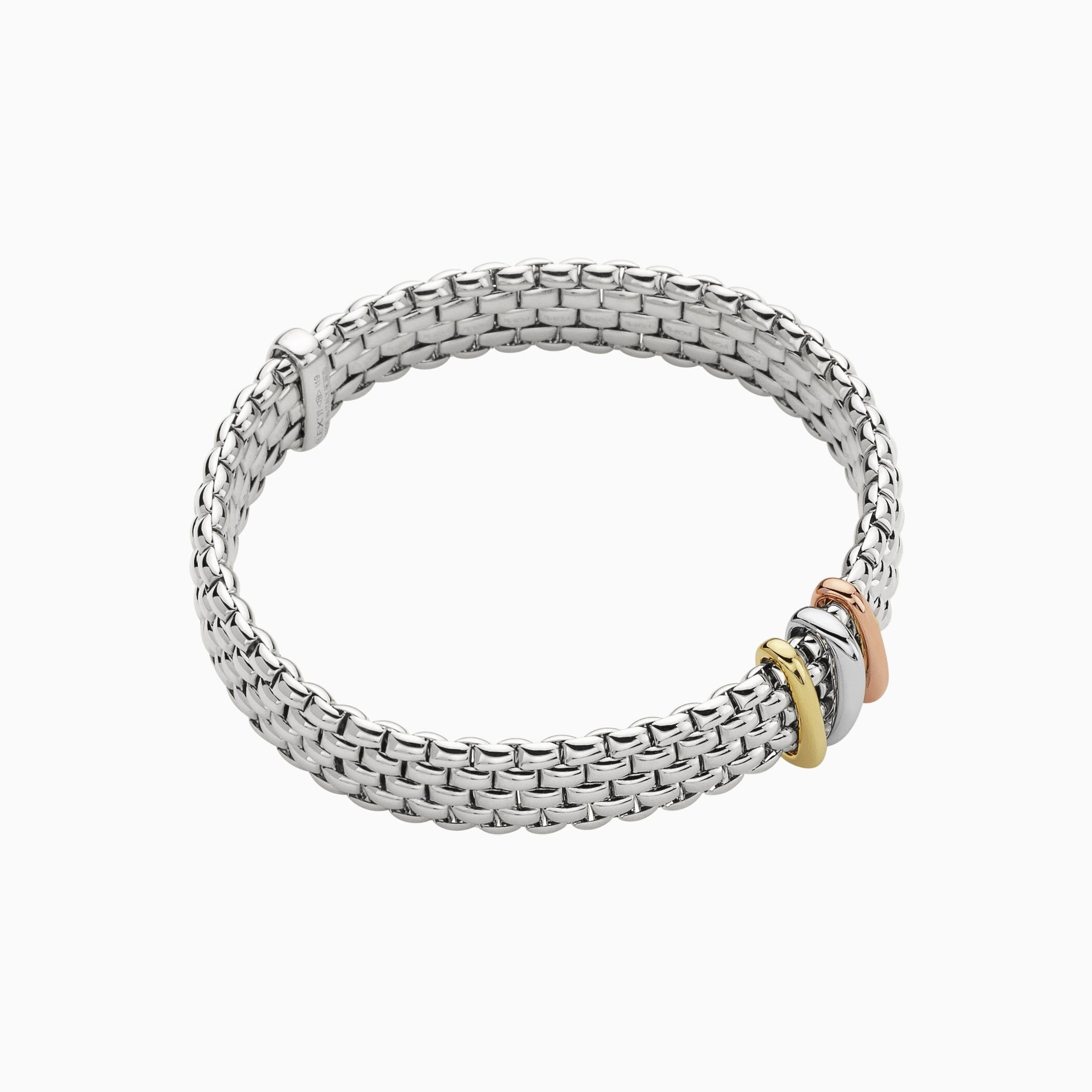 Panorama Flex'It Bracelet in 18kt White Gold with three plain yellow gold, white gold and rose gold elements - The bracelet measures 9mm wide by 3.5mm deep and is a size small, 16cm or 6.29 inches internal circumference. 587BS-W Panorama Bracelet in 18kt White Gold with 3 Elements in Plain White, Yellow and Rose Gold - 9mm - Size S