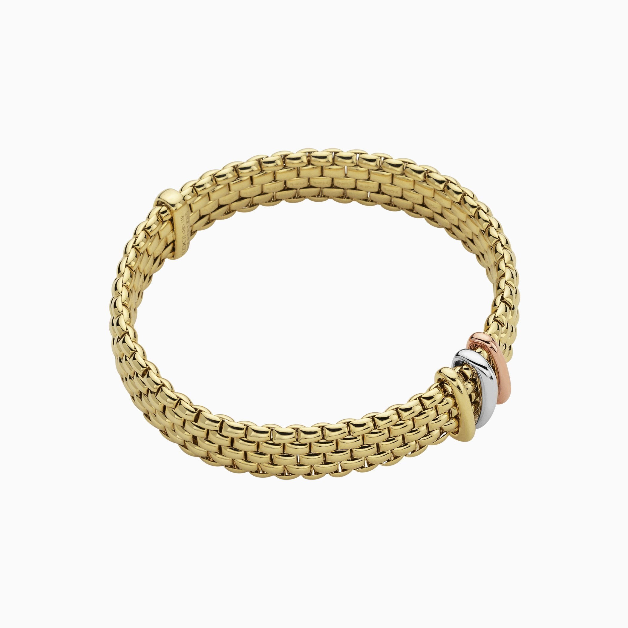 Panorama Flex'It Bracelet in 18kt Yellow Gold with three plain yellow gold, white gold and rose gold elements - The bracelet measures 9mm wide by 3.5mm deep and is a size small, 16cm or 6.29 inches internal circumference. 587BS-Y Panorama Bracelet in 18kt Yellow Gold with 3 Elements in Plain White, Yellow and Rose Gold - 9mm - Size S