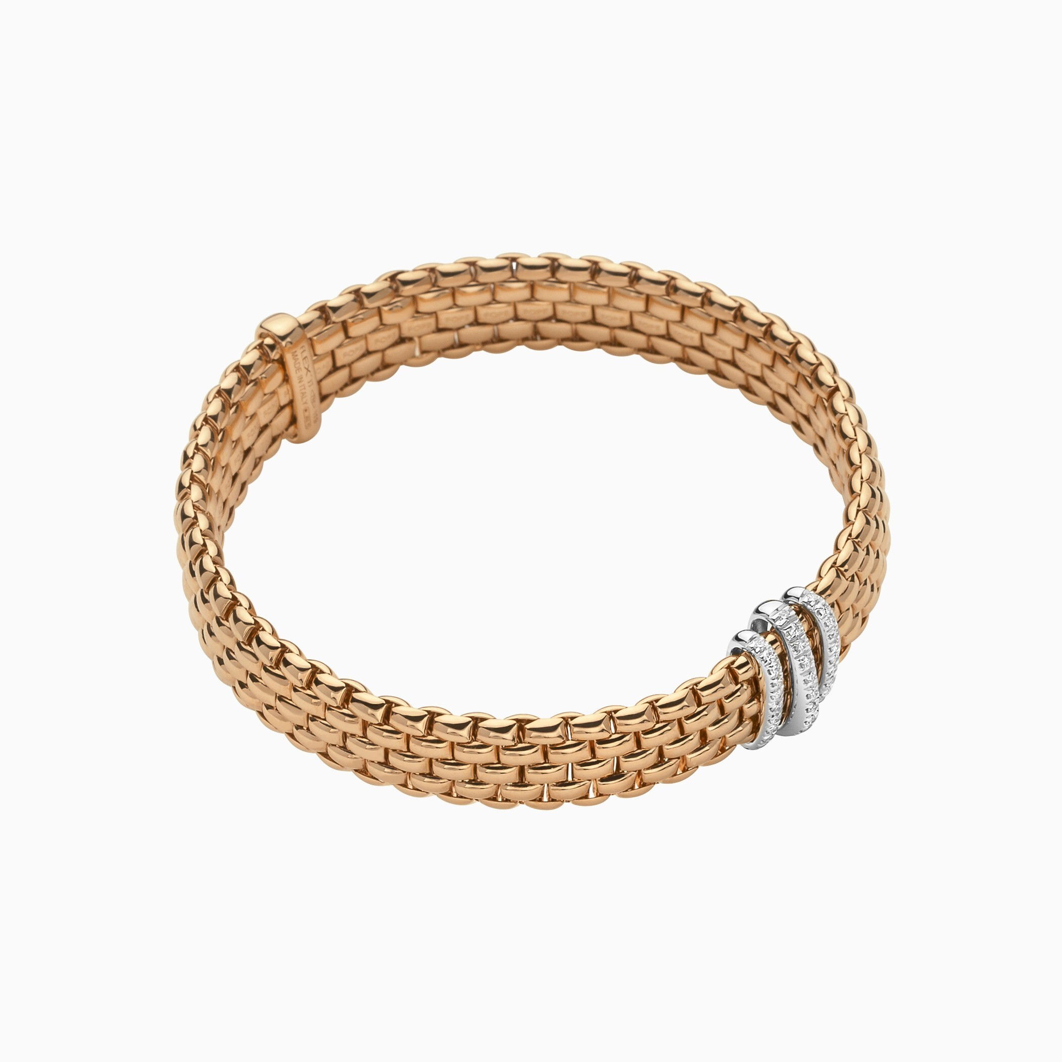 Panorama Flex'It Bracelet in 18kt Rose Gold with three White Gold and White Pave Diamond Elements at 0.23ctw - The bracelet measures 9mm wide by 3.5mm deep and is a size large, 18cm or 7.08 inches internal circumference. 587B PAVEL-RW Panorama Bracelet in 18kt Rose Gold with 3 White Gold Pave White Diamond Elements - 9mm - Size L