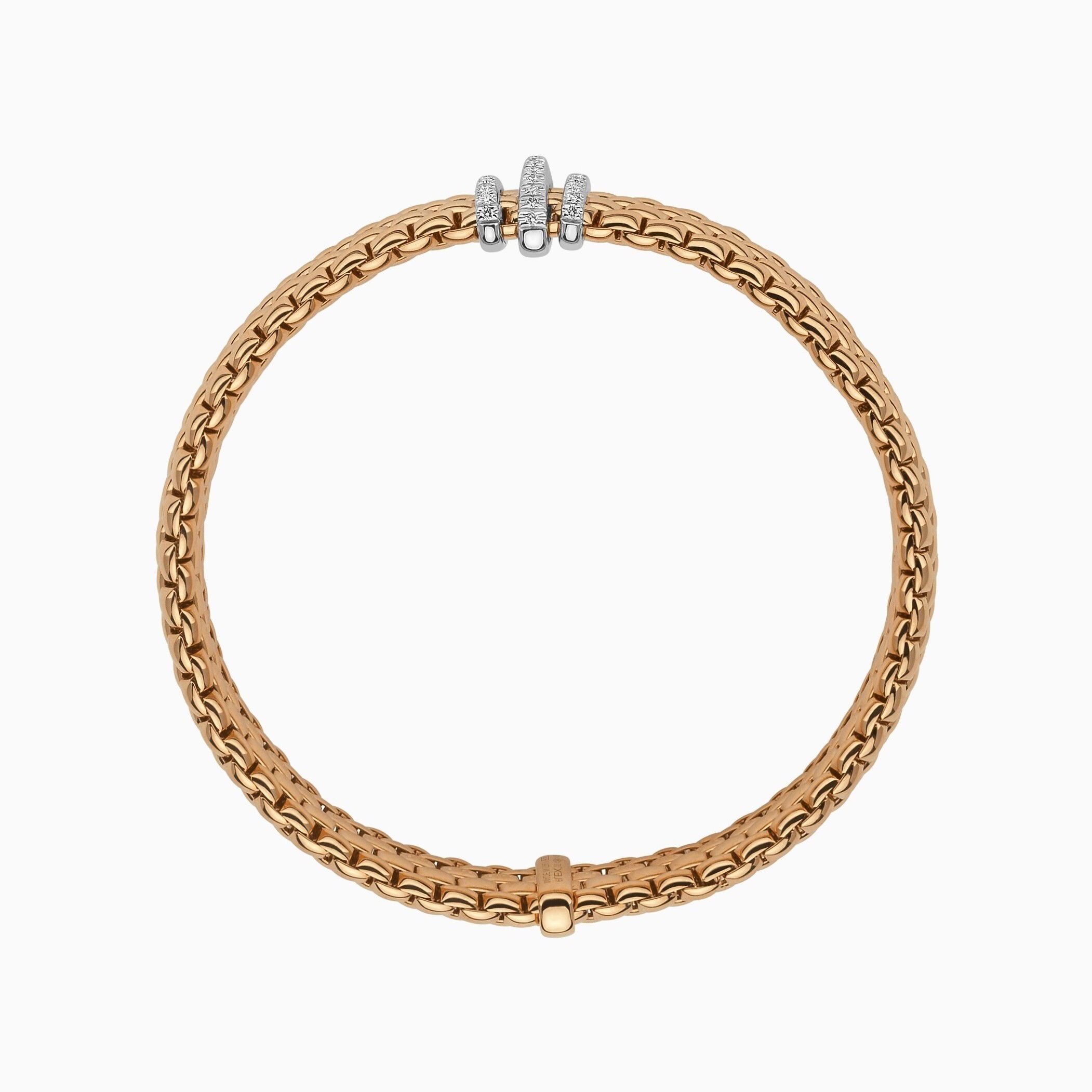 Panorama Flex'It Bracelet in 18kt Rose Gold with three White Gold and White Pave Diamond Elements at 0.23ctw - The bracelet measures 9mm wide by 3.5mm deep and is a size extra large, 19cm or 7.48 inches internal circumference. 587B PAVEXL-RW Panorama Bracelet in 18kt Rose Gold with 3 White Gold Pave White Diamond Elements - 9mm - Size XL