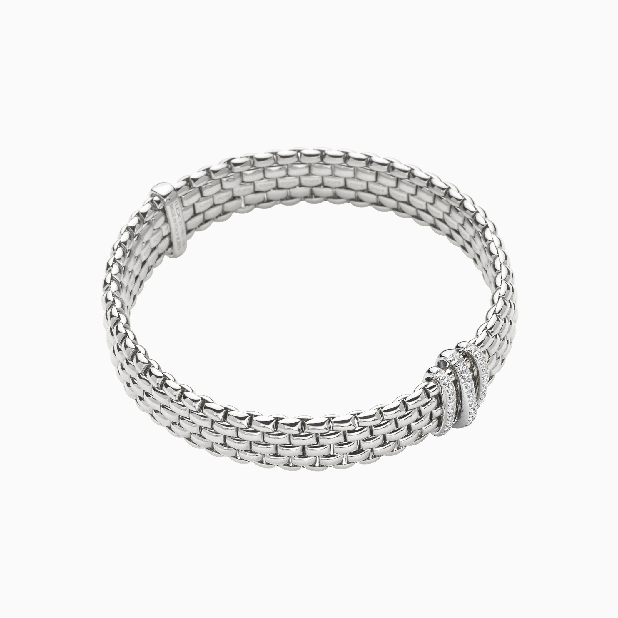 Panorama Flex'It Bracelet in 18kt White Gold with three White Gold and White Pave Diamond Elements at 0.23ctw - The bracelet measures 9mm wide by 3.5mm deep and is a size extra large, 19cm or 7.48 inches internal circumference. 587B PAVEXL-W Panorama Bracelet in 18kt White Gold with 3 White Gold Pave White Diamond Elements - 9mm - Size XL