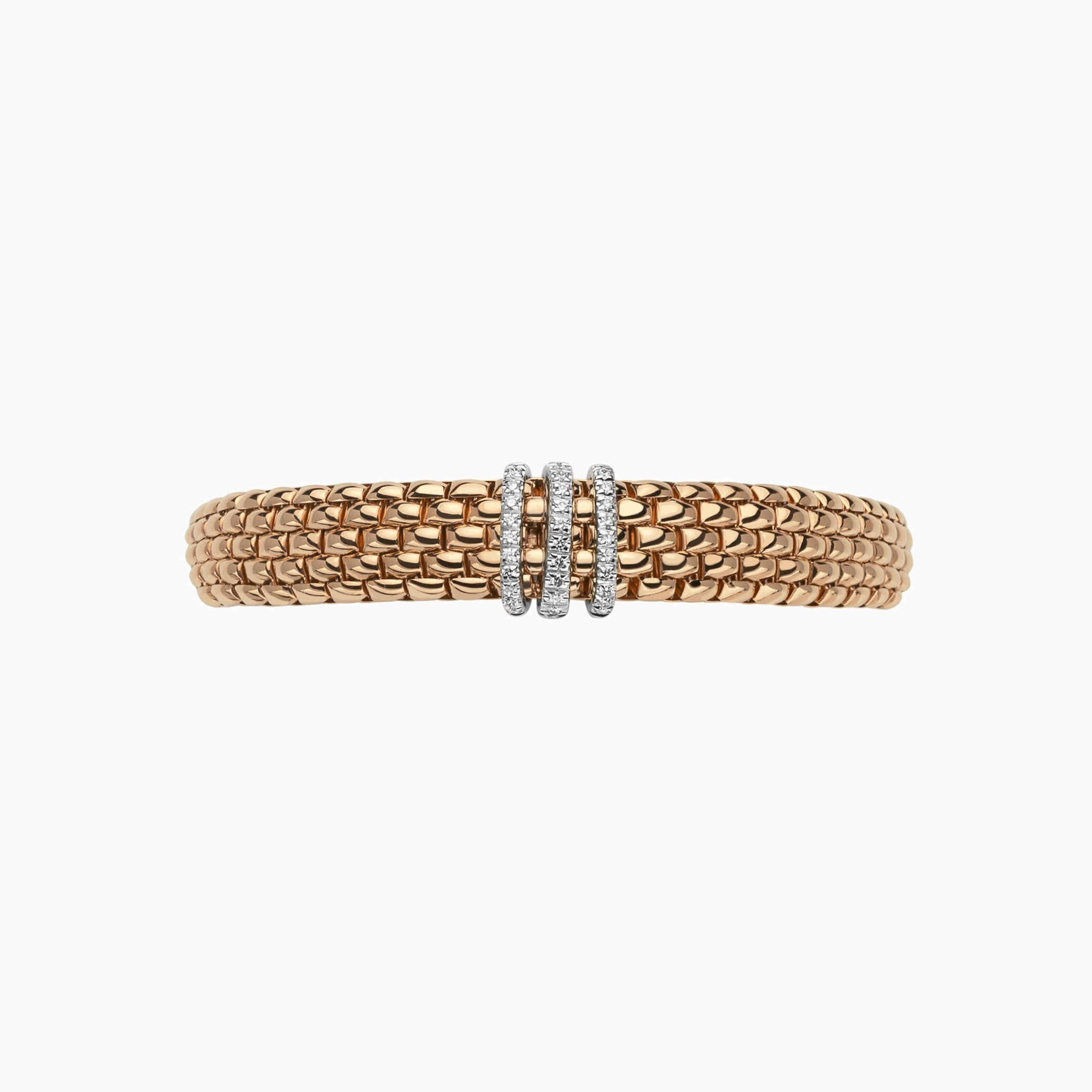 Panorama Flex'It Bracelet in 18kt Rose Gold with three White Gold and White Pave Diamond Elements at 0.23ctw - The bracelet measures 9mm wide by 3.5mm deep and is a size small, 16cm or 6.29 inches internal circumference. 587B PAVES-RW Panorama Bracelet in 18kt Rose Gold with 3 White Gold Pave White Diamond Elements - 9mm - Size S