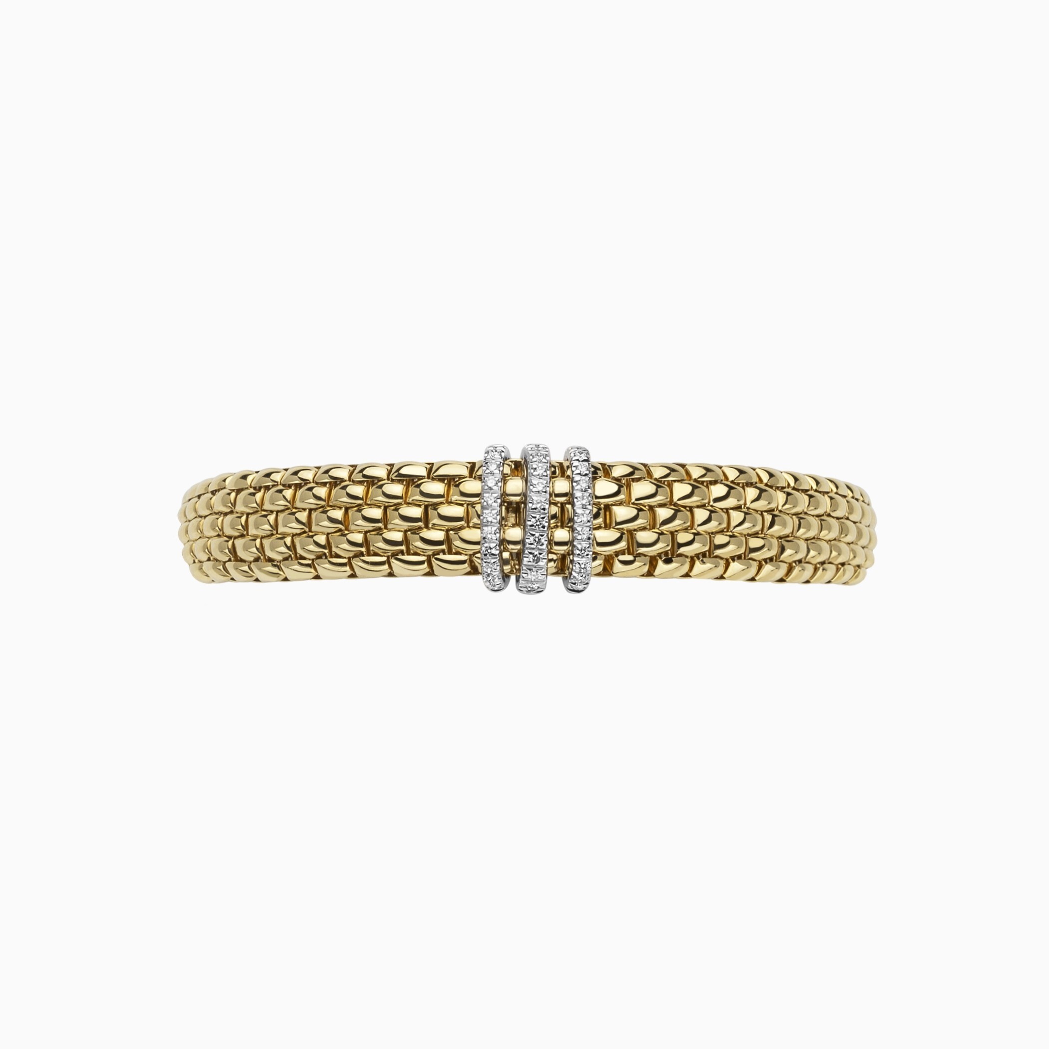 Panorama Flex'It Bracelet in 18kt Yellow Gold with three White Gold and White Pave Diamond Elements at 0.23ctw - The bracelet measures 9mm wide by 3.5mm deep and is a size large, 18cm or 7.08 inches internal circumference. 587B PAVEL-YW Panorama Bracelet in 18kt Yellow Gold with 3 White Gold Pave White Diamond Elements - 9mm - Size L