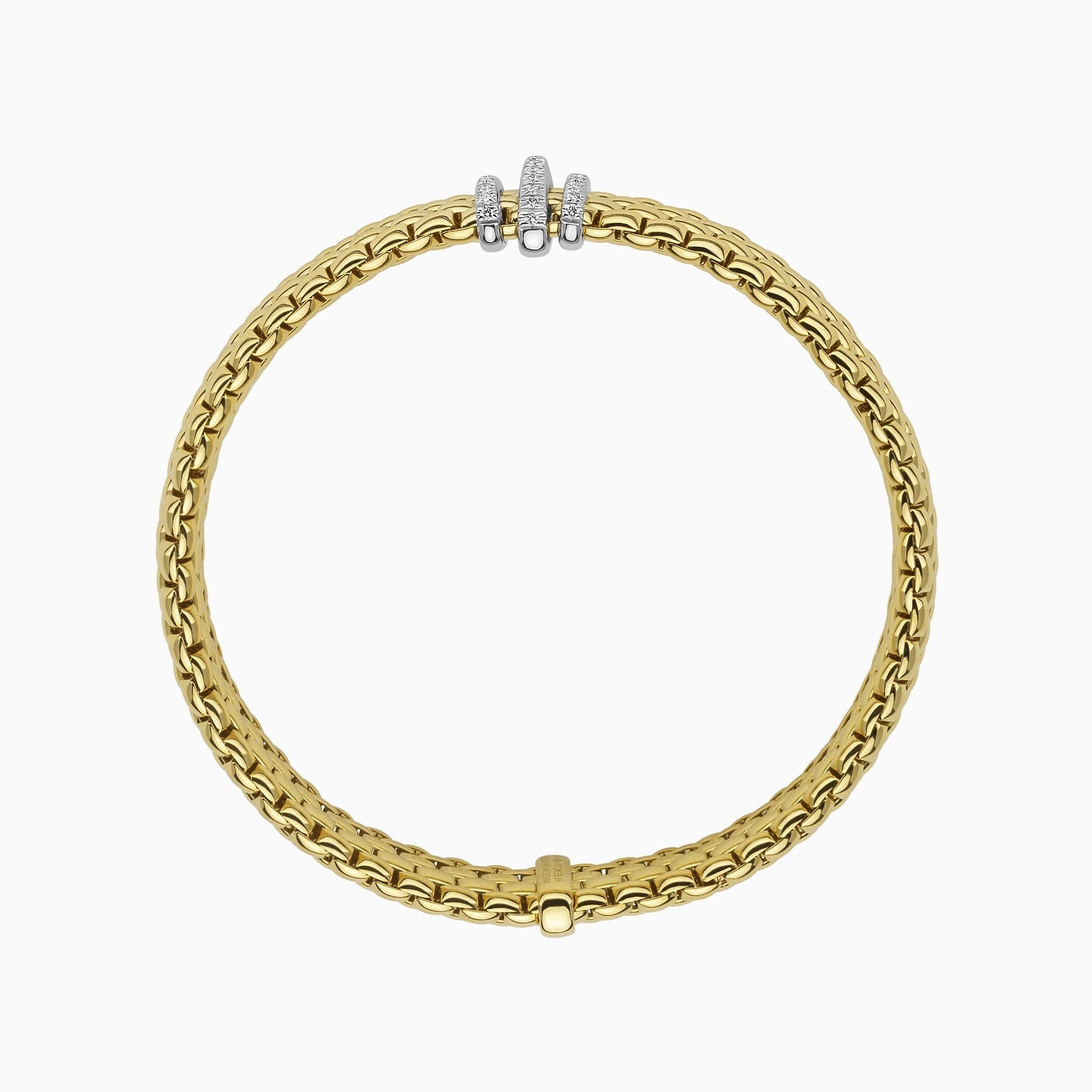Panorama Flex'It Bracelet in 18kt Yellow Gold with three White Gold and White Pave Diamond Elements at 0.23ctw - The bracelet measures 9mm wide by 3.5mm deep and is a size extra small, 15cm or 5.90 inches internal circumference. 587B PAVEXS-YW Panorama Bracelet in 18kt Yellow Gold with 3 White Gold Pave White Diamond Elements - 9mm - Size XS
