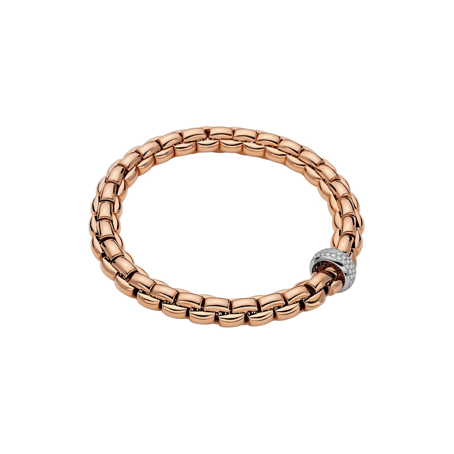 Eka Flex'It Bracelet in 18kt Rose Gold with One White Gold and White Pave Diamond Element at 0.58ctw - The bracelet measures 8.7mm in diameter and is a size extra small, 15cm or 5.90 inches internal circumference. 607B PAVEXS-RW Eka Bracelet in 18kt Rose Gold with 1 White Gold and White Diamond Pave Element - 8.7mm - Size XS