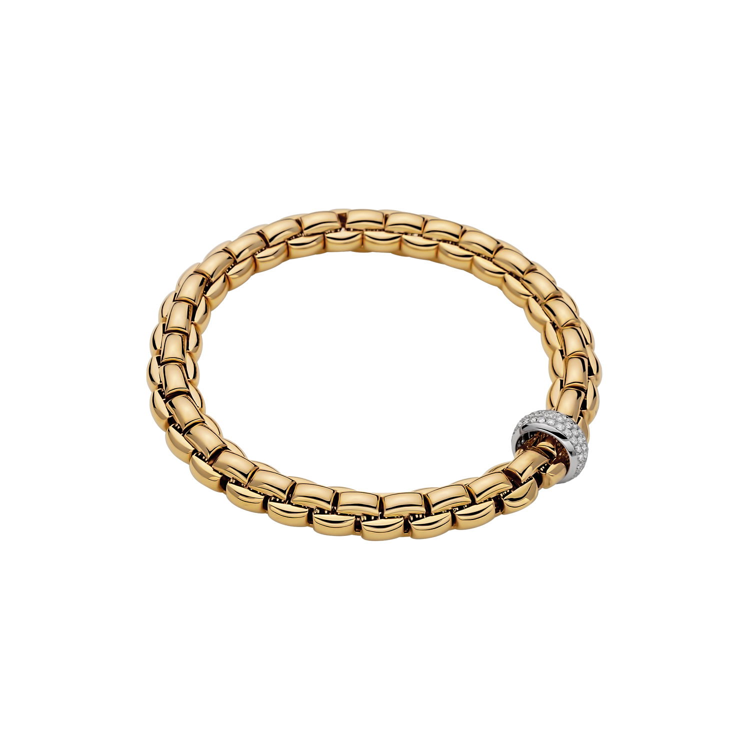 Eka Flex'It Bracelet in 18kt Yellow Gold with One White Gold and White Pave Diamond Element at 0.58ctw - The bracelet measures 8.7mm in diameter and is a size medium, 17cm or 6.69 inches internal circumference. 607B PAVEM-YW Eka Bracelet in 18kt Yellow Gold with 1 White Gold and White Diamond Pave Element - 8.7mm - Size M