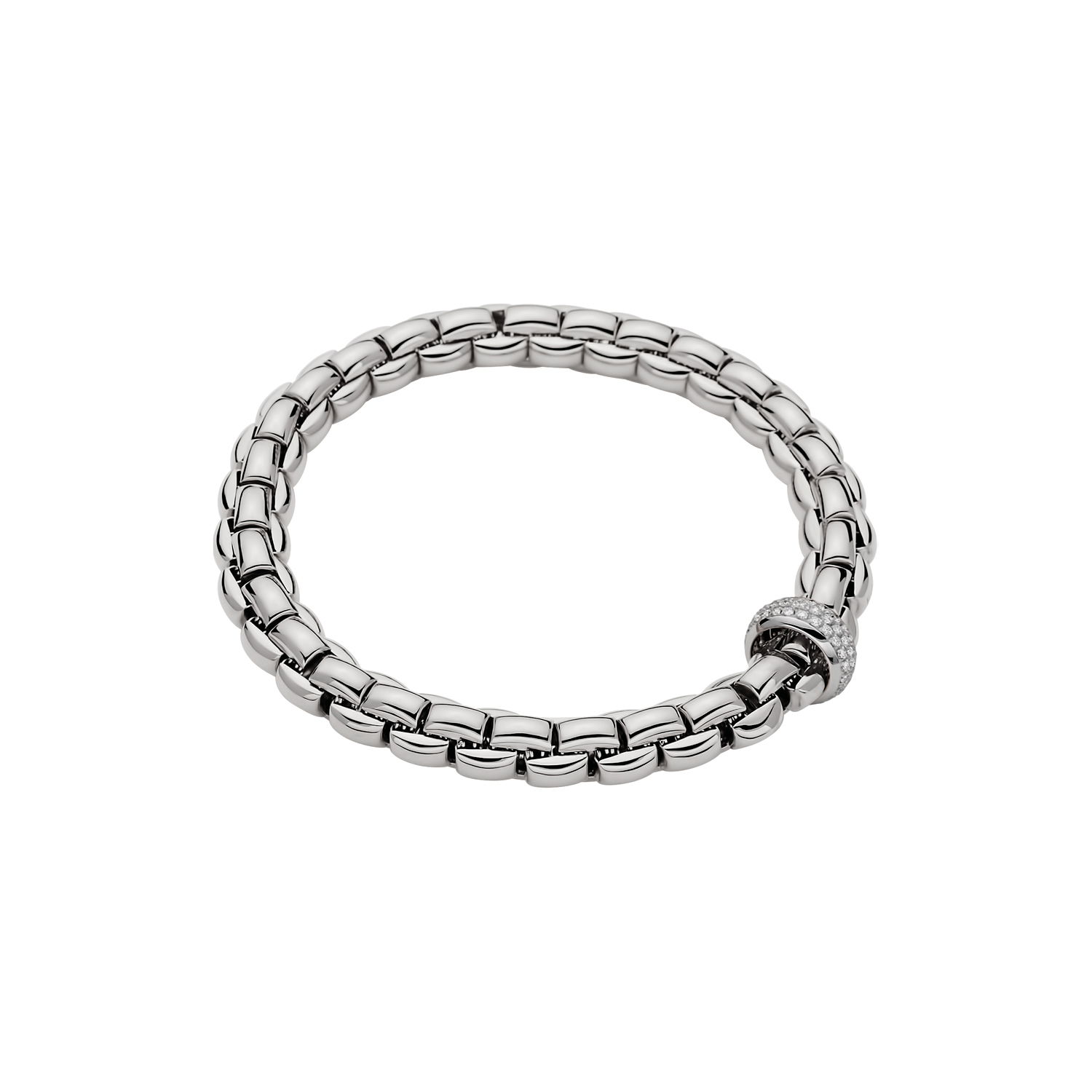 Eka Flex'It Bracelet in 18kt White Gold with One White Gold and White Pave Diamond Element at 0.58ctw - The bracelet measures 8.7mm in diameter and is a size medium, 17cm or 6.69 inches internal circumference. 607B PAVEM-W Eka Bracelet in 18kt White Gold with 1 White Gold and White Diamond Pave Element - 8.7mm - Size M