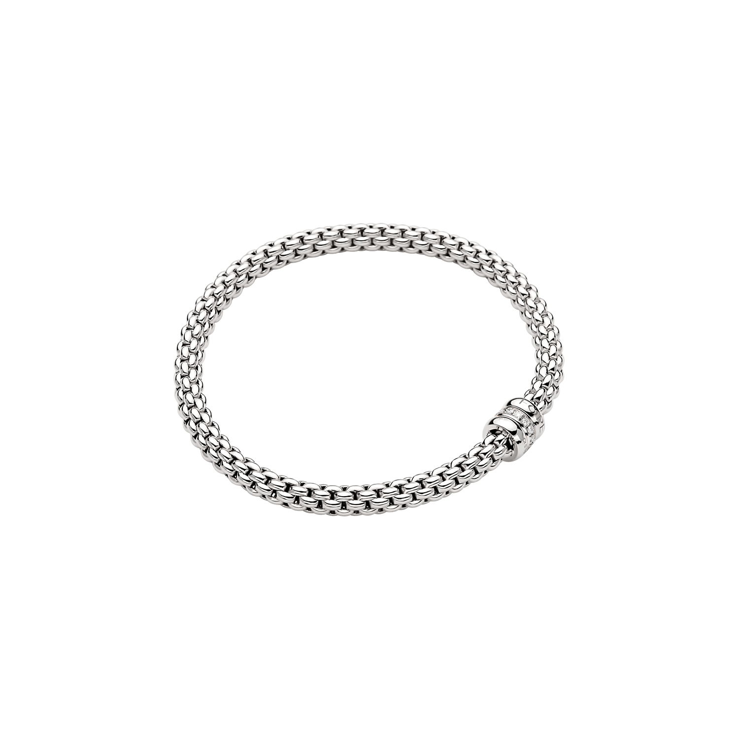 Solo Flex'It Bracelet in 18kt White Gold with two plain white gold elements and one White Gold and White Pave Diamond Element at 0.10ctw - The bracelet measures 4.9mm in diameter and is a size large, 18cm or 7.08 inches internal circumference. Solo Bracelet in 18kt White Gold with 2 Plain White Gold and 1 White Gold and White Diamond Pave Element - 4.9mm - Size L