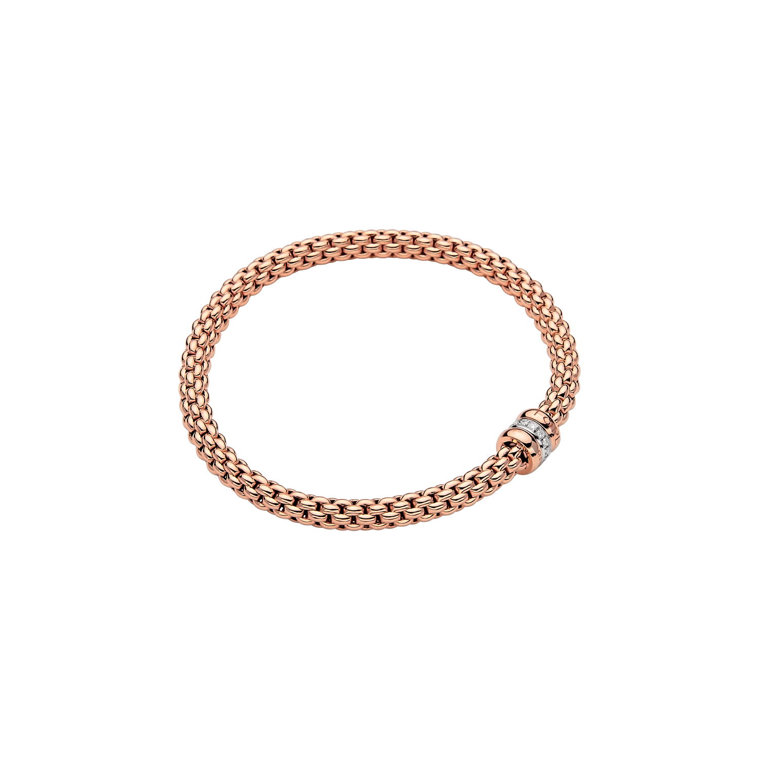 Solo Flex'It Bracelet in 18kt Rose Gold with two plain rose gold elements and one White Gold and White Pave Diamond Element at 0.10ctw - The bracelet measures 4.9mm in diameter and is a size extra small, 15cm or 5.90 inches internal circumference. Solo Bracelet in 18kt Rose Gold with 2 Plain Rose Gold and 1 White Gold and White Diamond Pave Element - 4.9mm - Size XS