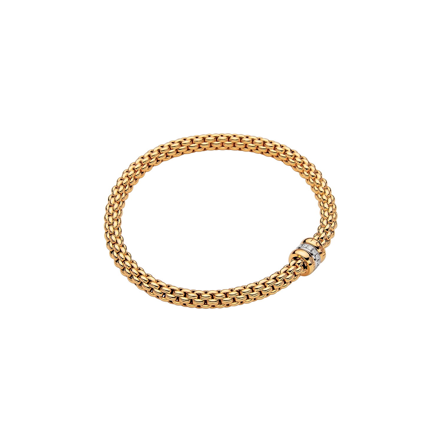 Solo Flex'It Bracelet in 18kt Yellow Gold with two plain yellow gold elements and one White Gold and White Pave Diamond Element at 0.10ctw - The bracelet measures 4.9mm in diameter and is a size extra large, 19cm or 7.48 inches internal circumference. Solo Bracelet in 18kt Yellow Gold with 2 Plain Yellow Gold and 1 White Gold and White Diamond Pave Element - 4.9mm - Size XL