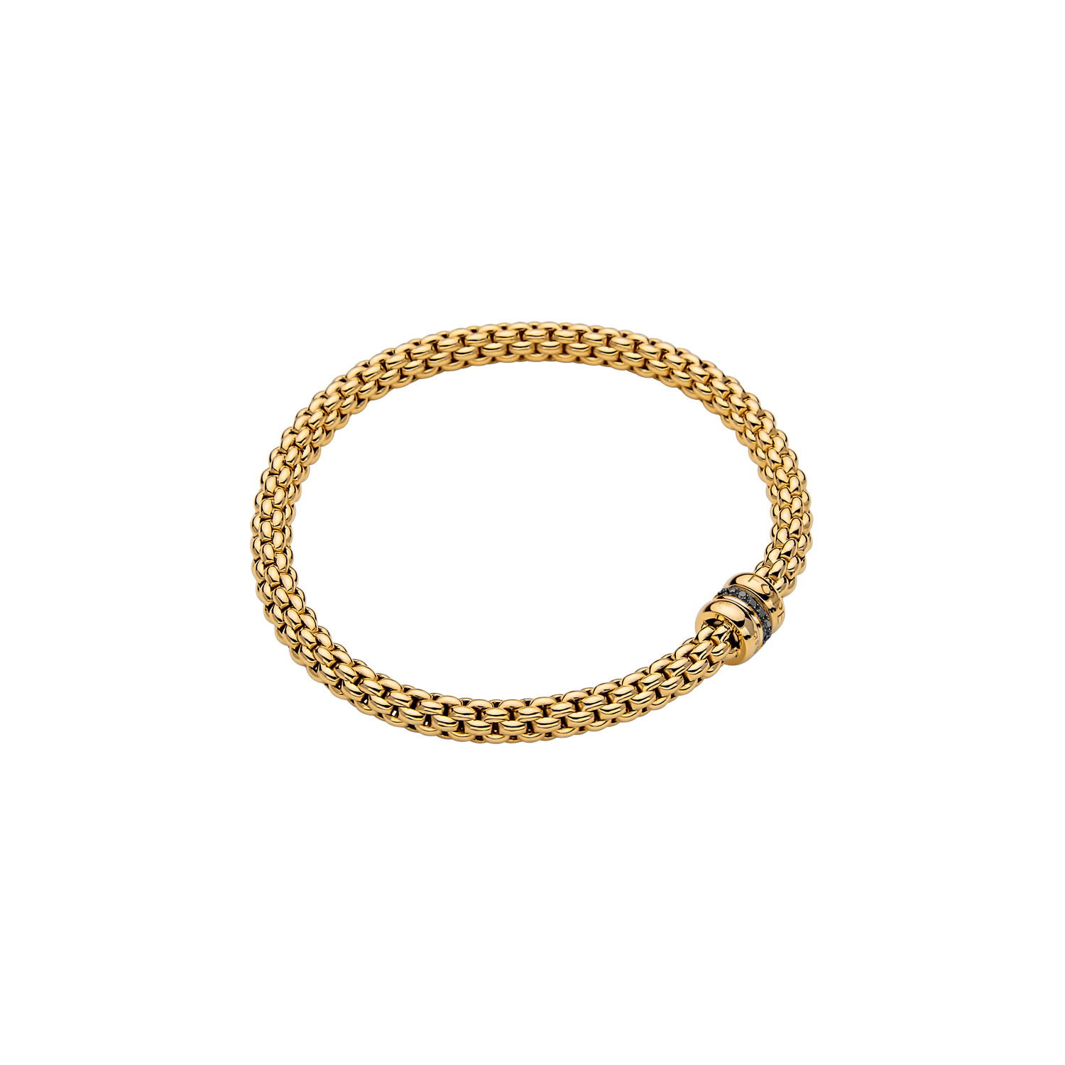 Solo Flex'It Bracelet in 18kt Yellow Gold with two plain yellow gold elements and one White Gold and Black Pave Diamond Element at 0.11ctw - The bracelet measures 4.9mm in diameter and is a size large, 18cm or 7.08 inches internal circumference. 621B BBR1L-YW Solo Bracelet in 18kt Yellow Gold with 2 Plain Yellow Gold and 1 White Gold and Black Diamond Pave Element - 4.9mm - Size L