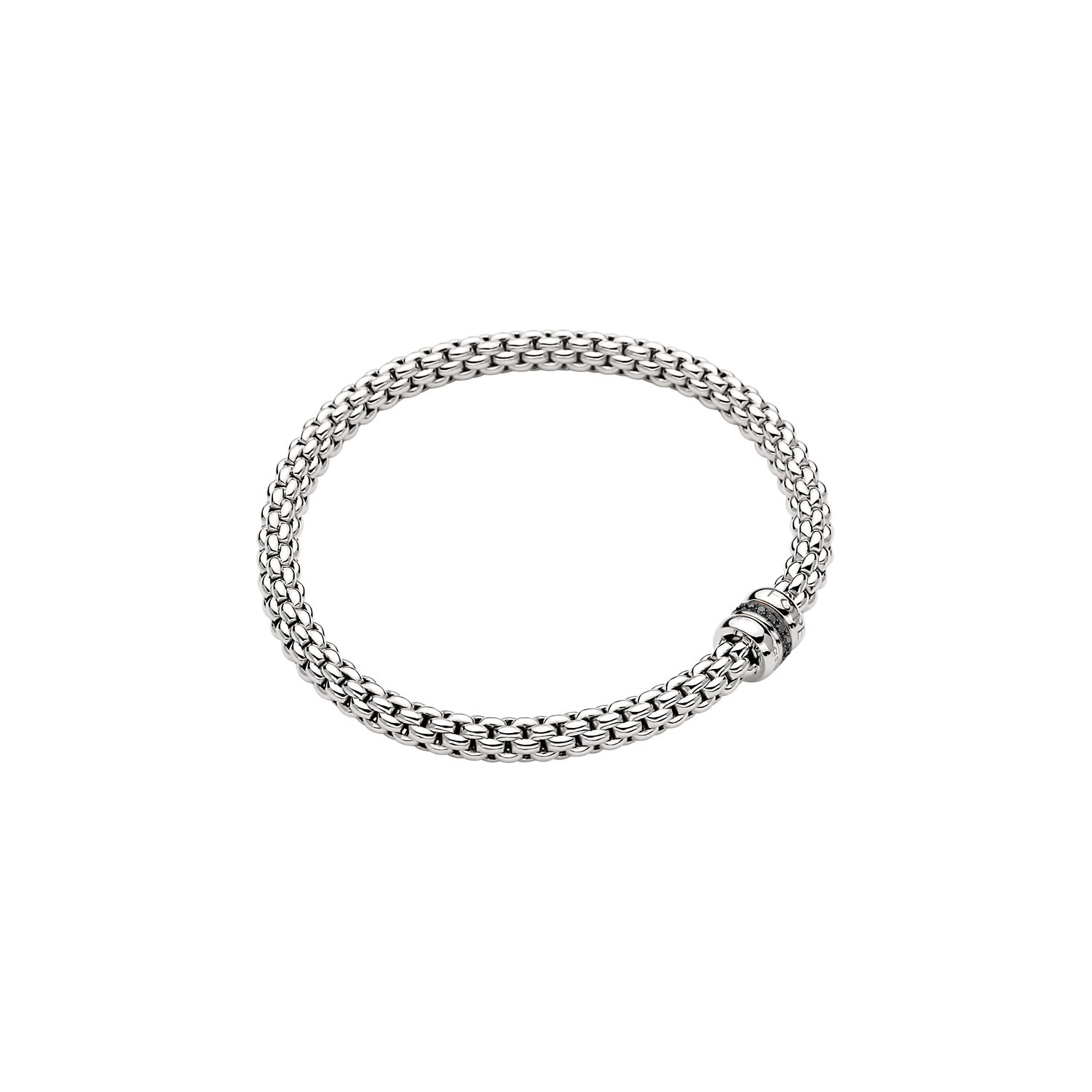 Solo Flex'It Bracelet in 18kt White Gold with two plain white gold elements and one White Gold and Black Pave Diamond Element at 0.11ctw - The bracelet measures 4.9mm in diameter and is a size medium, 17cm or 6.69 inches internal circumference. 621B BBR1M-W Solo Bracelet in 18kt White Gold with 2 Plain White Gold and 1 White Gold and Black Diamond Pave Element - 4.9mm - Size M