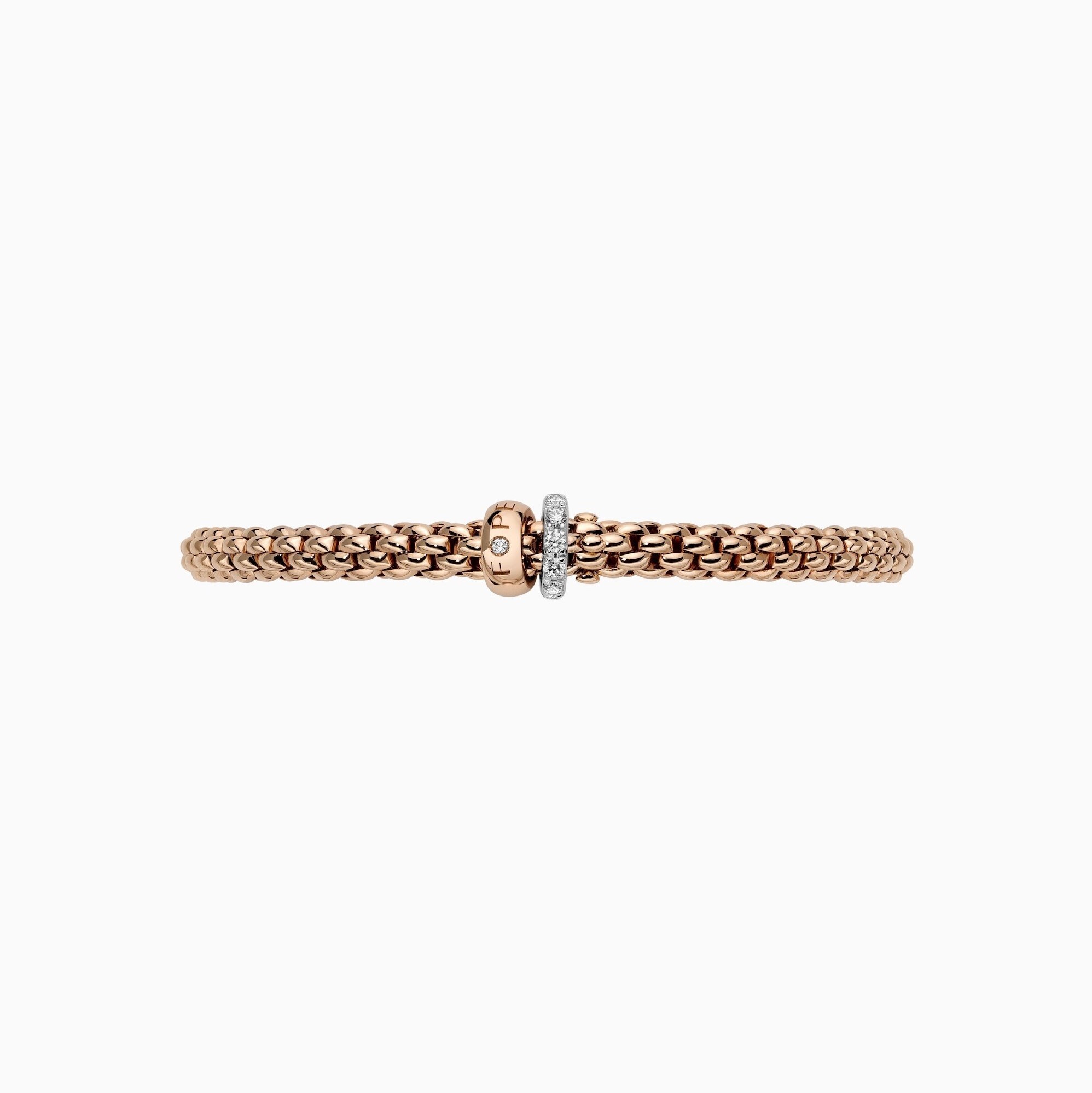 Solo Flex'It Bracelet in 18kt Rose Gold with one plain rose gold elements and one White Gold and White Pave Diamond Element at 0.29ctw - The bracelet measures 4.9mm in diameter and is a size medium, 17cm or 6.69 inches internal circumference. 62406B PAVEM-RW Solo Bracelet in 18kt Rose Gold with 1 Plain Rose Gold and 1 White Gold and White Diamond Pave Element - 4.9mm - Size M