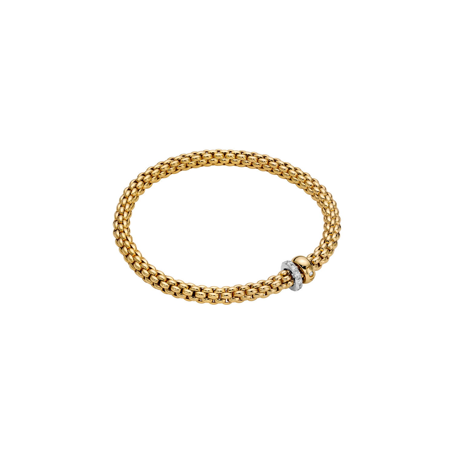 Solo Flex'It Bracelet in 18kt Yellow Gold with one plain yellow gold elements and one White Gold and White Pave Diamond Element at 0.29ctw - The bracelet measures 4.9mm in diameter and is a size large, 18cm or 7.08 inches internal circumference. 62406B PAVEL-YW Solo Bracelet in 18kt Yellow Gold with 1 Plain Yellow Gold and 1 White Gold and White Diamond Pave Element - 4.9mm - Size L