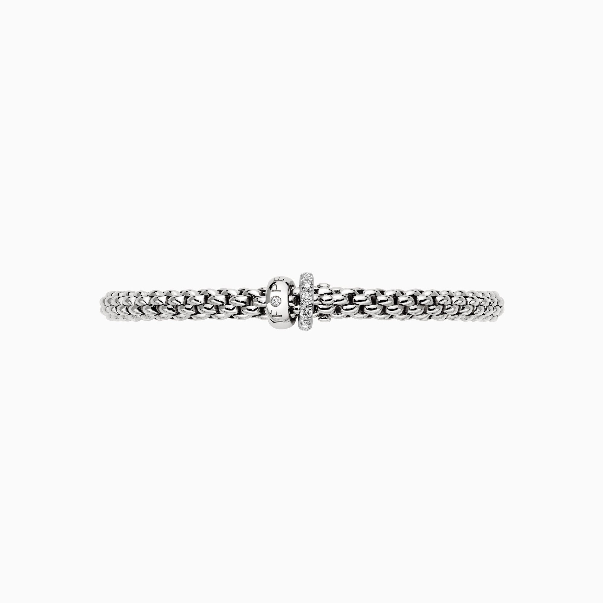Solo Flex'It Bracelet in 18kt White Gold with one plain white gold elements and one White Gold and White Pave Diamond Element at 0.29ctw - The bracelet measures 4.9mm in diameter and is a size medium, 17cm or 6.69 inches internal circumference. 62406B PAVEM-W Solo Bracelet in 18kt White Gold with 1 Plain White Gold and 1 White Gold and White Diamond Pave Element - 4.9mm - Size M
