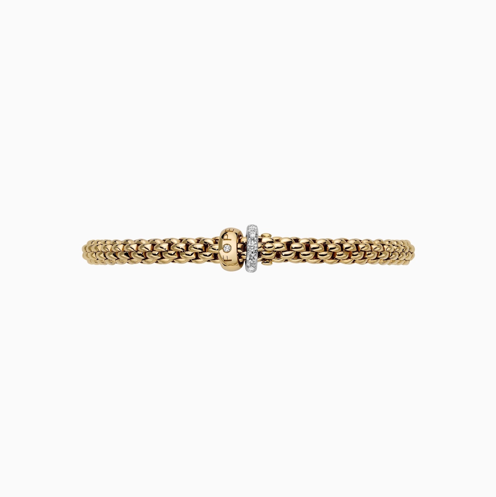Solo Flex'It Bracelet in 18kt Yellow Gold with one plain yellow gold elements and one White Gold and White Pave Diamond Element at 0.29ctw - The bracelet measures 4.9mm in diameter and is a size extra small, 15cm or 5.90 inches internal circumference. 62406B PAVEXS-YW Solo Bracelet in 18kt Yellow Gold with 1 Plain Yellow Gold and 1 White Gold and White Diamond Pave Element - 4.9mm - Size XS