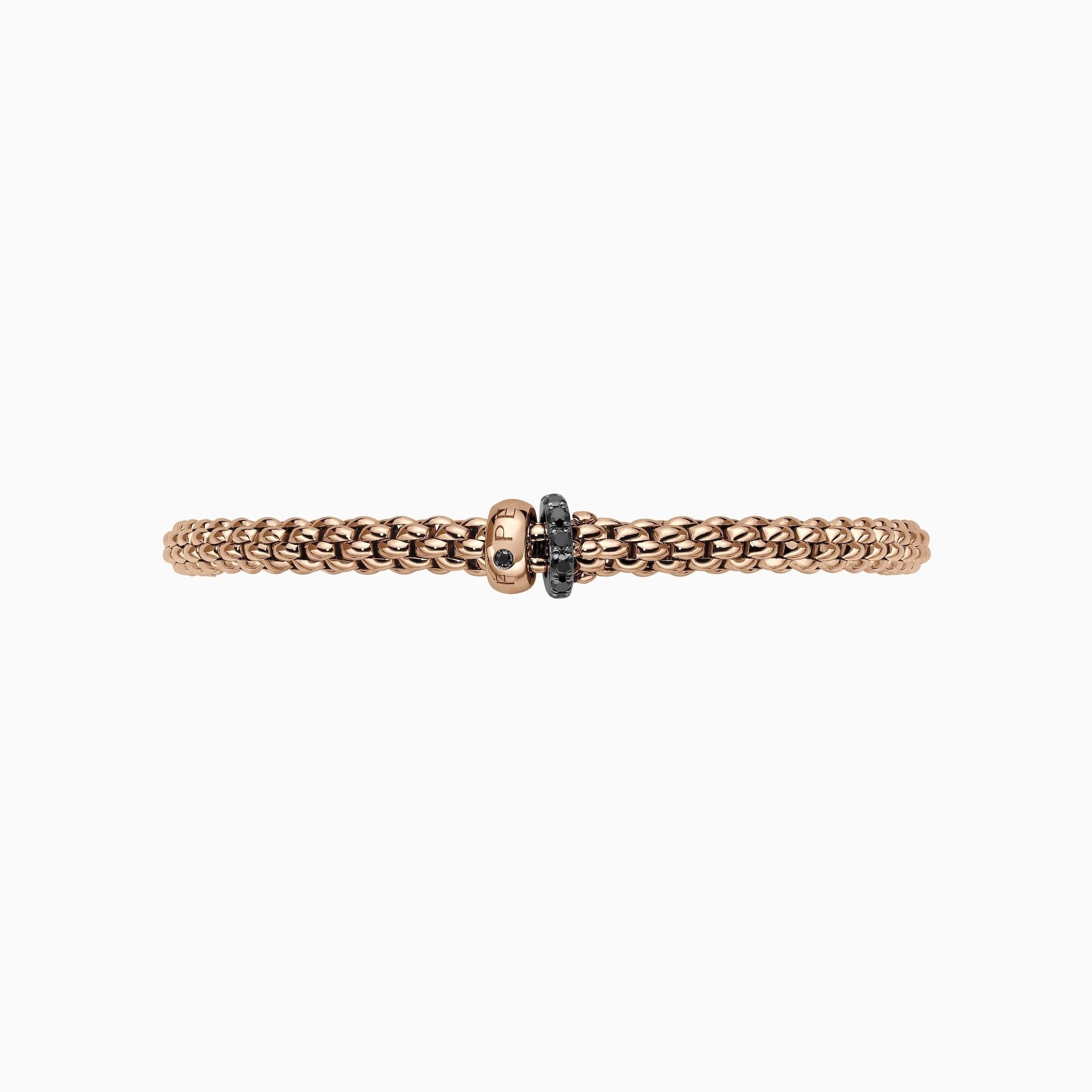 Solo Flex'It Bracelet in 18kt Rose Gold with one plain rose gold elements and one White Gold and Black Pave Diamond Element at 0.30ctw - The bracelet measures 4.9mm in diameter and is a size large, 18cm or 7.08 inches internal circumference. 62406B PAVENL-R Solo Bracelet in 18kt Rose Gold with 1 Plain Rose Gold and 1 White Gold and Black Diamond Pave Element - 4.9mm - Size L