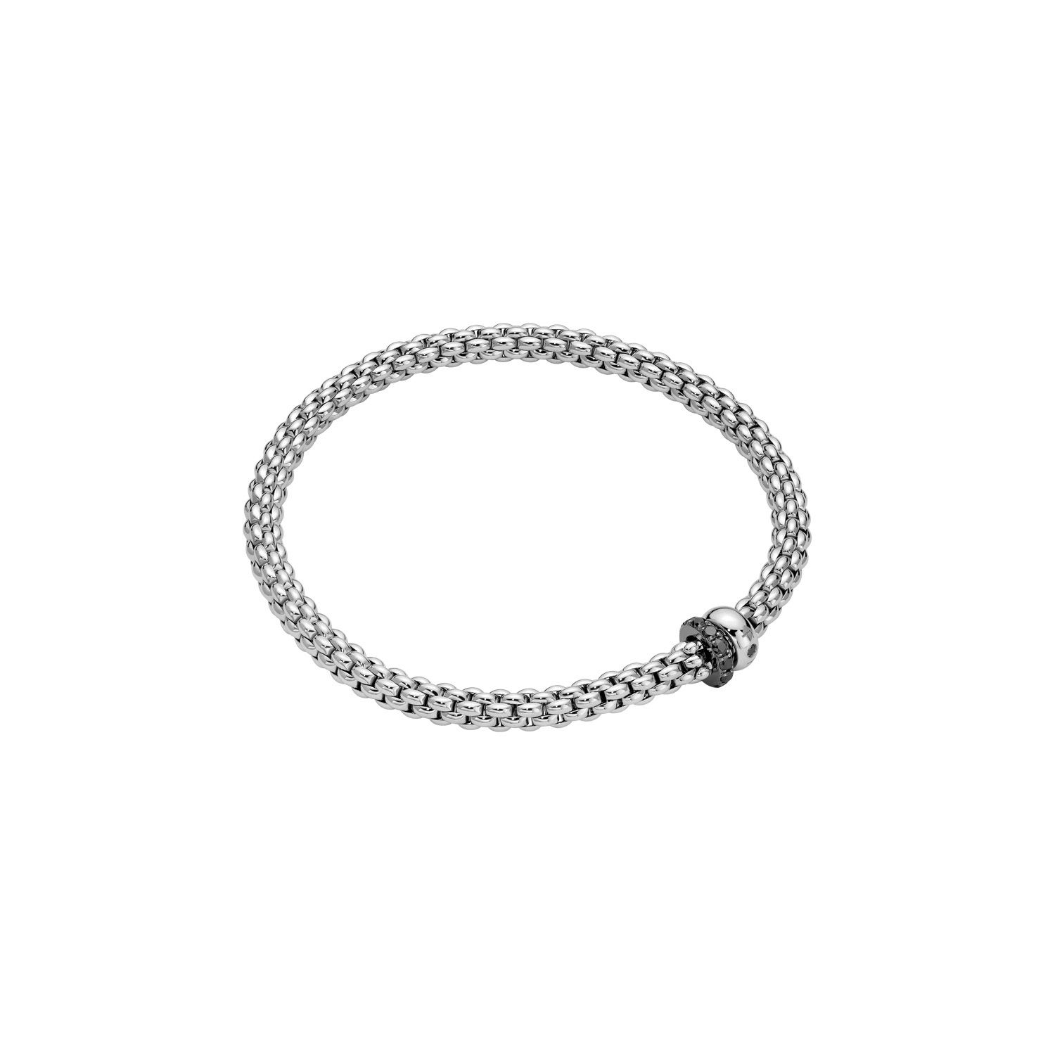 Solo Flex'It Bracelet in 18kt White Gold with one plain white gold elements and one White Gold and Black Pave Diamond Element at 0.30ctw - The bracelet measures 4.9mm in diameter and is a size large, 18cm or 7.08 inches internal circumference. 62406B PAVENL-W Solo Bracelet in 18kt White Gold with 1 Plain White Gold and 1 White Gold and Black Diamond Pave Element - 4.9mm - Size L