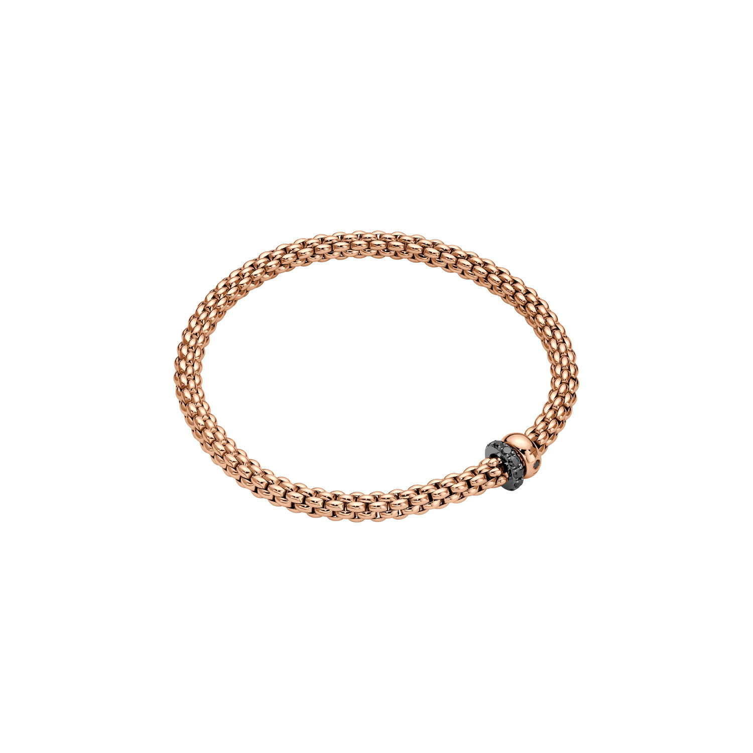 Solo Flex'It Bracelet in 18kt Rose Gold with one plain rose gold elements and one White Gold and Black Pave Diamond Element at 0.30ctw - The bracelet measures 4.9mm in diameter and is a size medium, 17cm or 6.69 inches internal circumference. 62406B PAVENM-R Solo Bracelet in 18kt Rose Gold with 1 Plain Rose Gold and 1 White Gold and Black Diamond Pave Element - 4.9mm - Size M