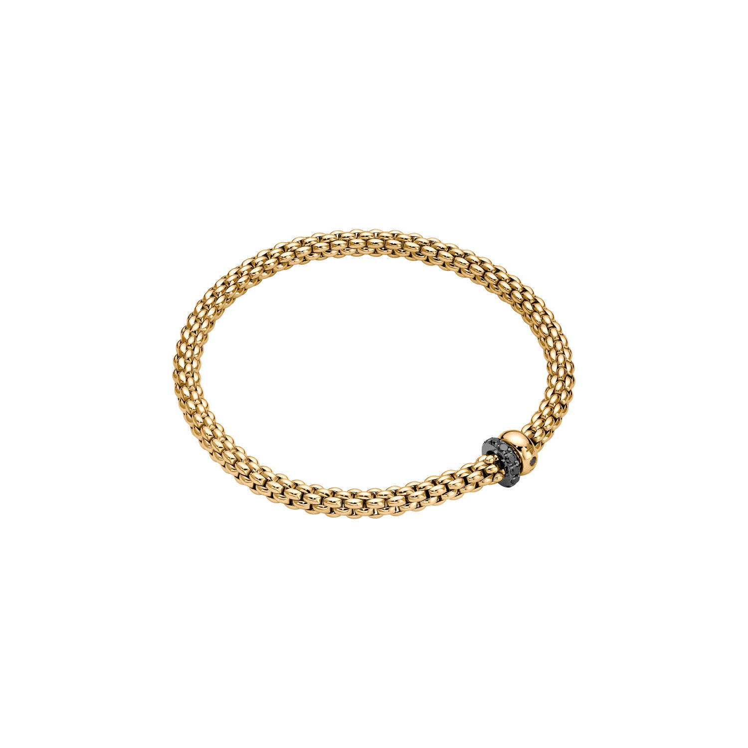 Solo Flex'It Bracelet in 18kt Yellow Gold with one plain yellow gold elements and one White Gold and Black Pave Diamond Element at 0.30ctw - The bracelet measures 4.9mm in diameter and is a size large, 18cm or 7.08 inches internal circumference. 62406B PAVENL-Y Solo Bracelet in 18kt Yellow Gold with 1 Plain Yellow Gold and 1 White Gold and Black Diamond Pave Element - 4.9mm - Size L