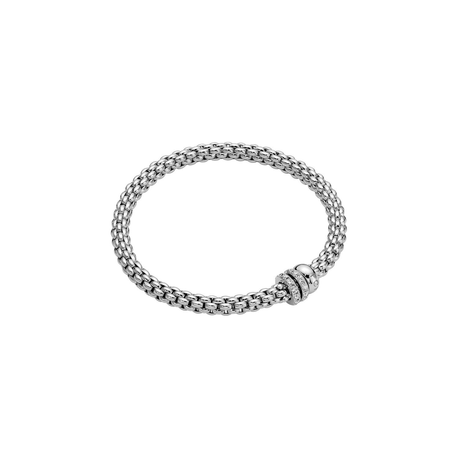 Solo Flex'It Bracelet in 18kt White Gold with one plain white gold elements and two White Gold and White Pave Diamond Elements at 0.56ctw - The bracelet measures 4.9mm in diameter and is a size extra small, 15cm or 5.90 inches internal circumference. 62506B PAVEXS-W Solo Bracelet in 18kt White Gold with 1 Plain White Gold and 2 White Gold and White Diamond Pave Elements - 4.9mm - Size XS