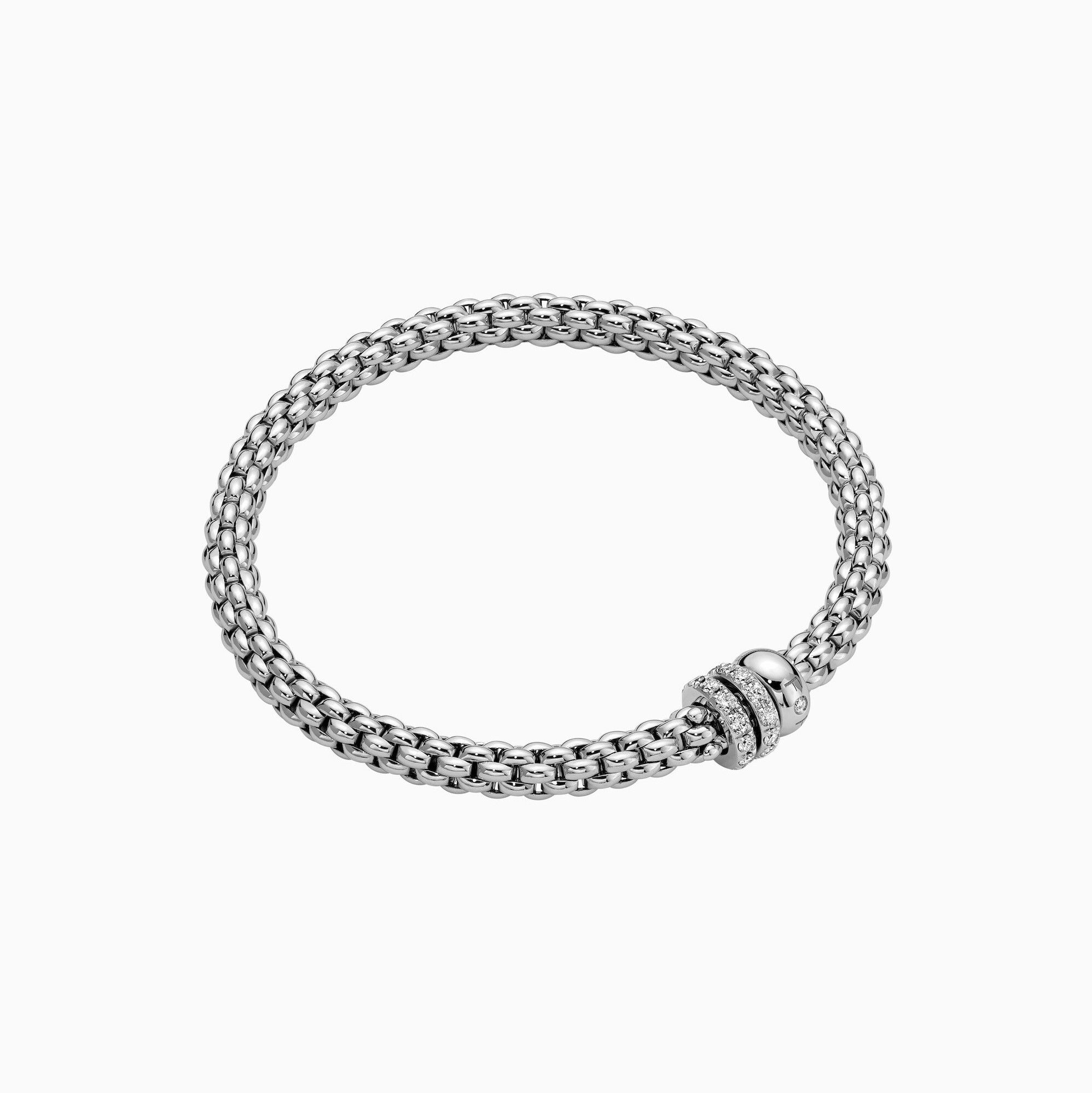 Solo Flex'It Bracelet in 18kt White Gold with one plain white gold elements and two White Gold and White Pave Diamond Elements at 0.56ctw - The bracelet measures 4.9mm in diameter and is a size medium, 17cm or 6.69 inches internal circumference. 62506B PAVEM-W Solo Bracelet in 18kt White Gold with 1 Plain White Gold and 2 White Gold and White Diamond Pave Elements - 4.9mm - Size M