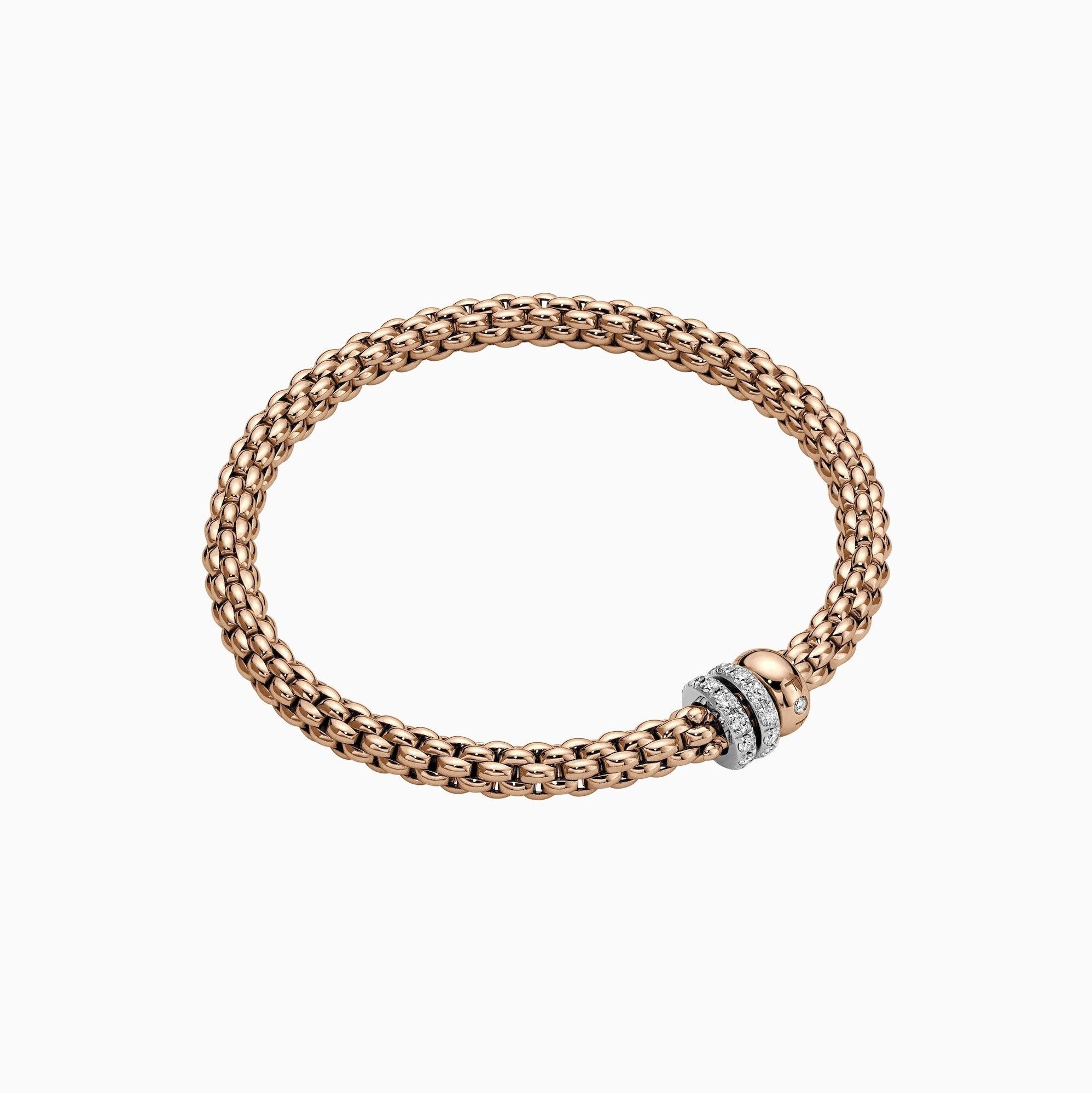 Solo Flex'It Bracelet in 18kt Rose Gold with one plain rose gold elements and two White Gold and White Pave Diamond Elements at 0.56ctw - The bracelet measures 4.9mm in diameter and is a size small, 16cm or 6.29 inches internal circumference. 62506B PAVES-RW Solo Bracelet in 18kt Rose Gold with 1 Plain Rose Gold and 2 White Gold and White Diamond Pave Elements - 4.9mm - Size S